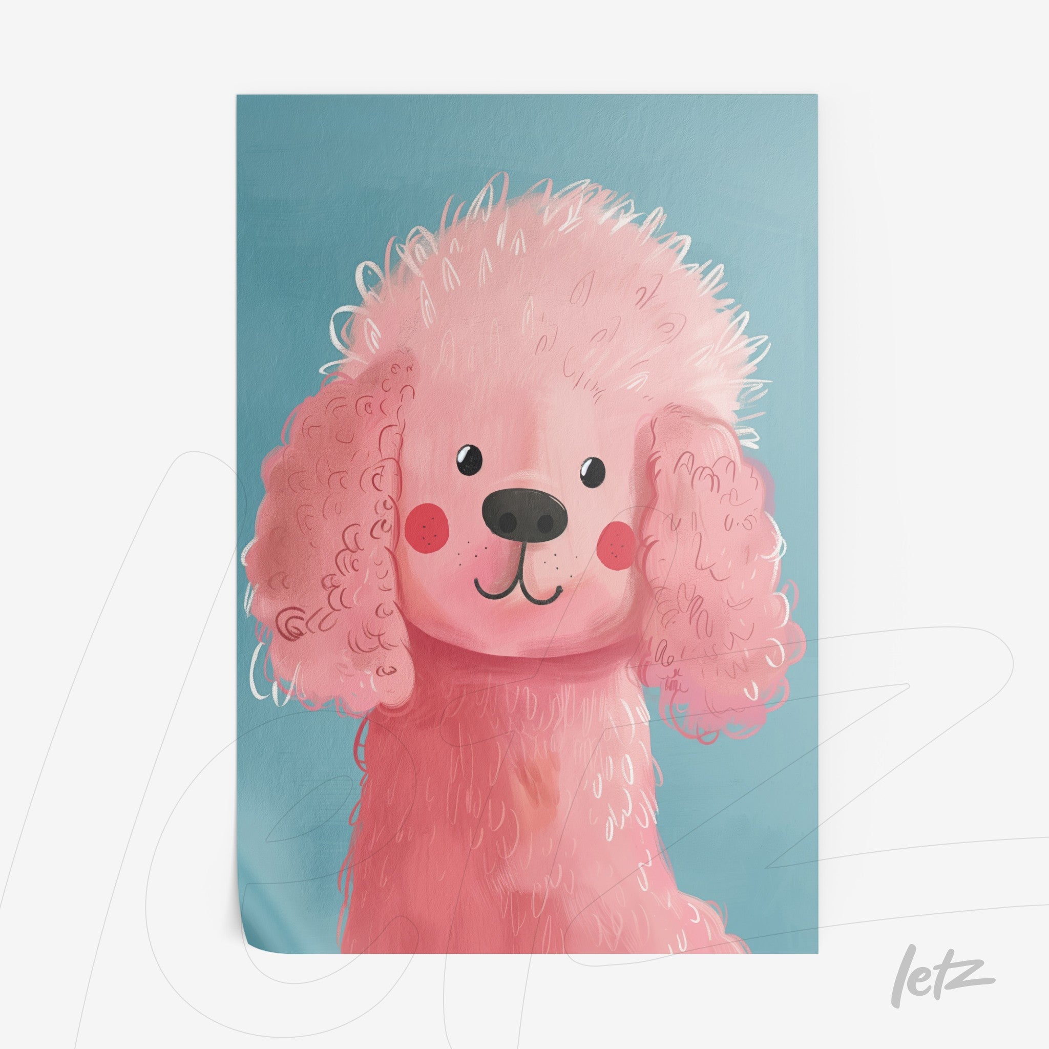 framed artwork featuring a cute pink poodle dog illustration on a blue background