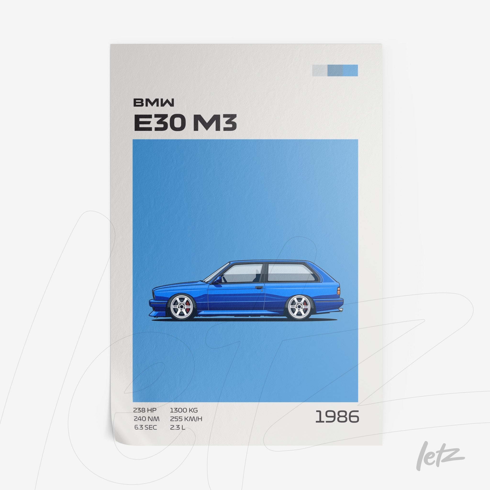 framed wall art featuring digital illustration of BMW E30 M3 on light blue background
