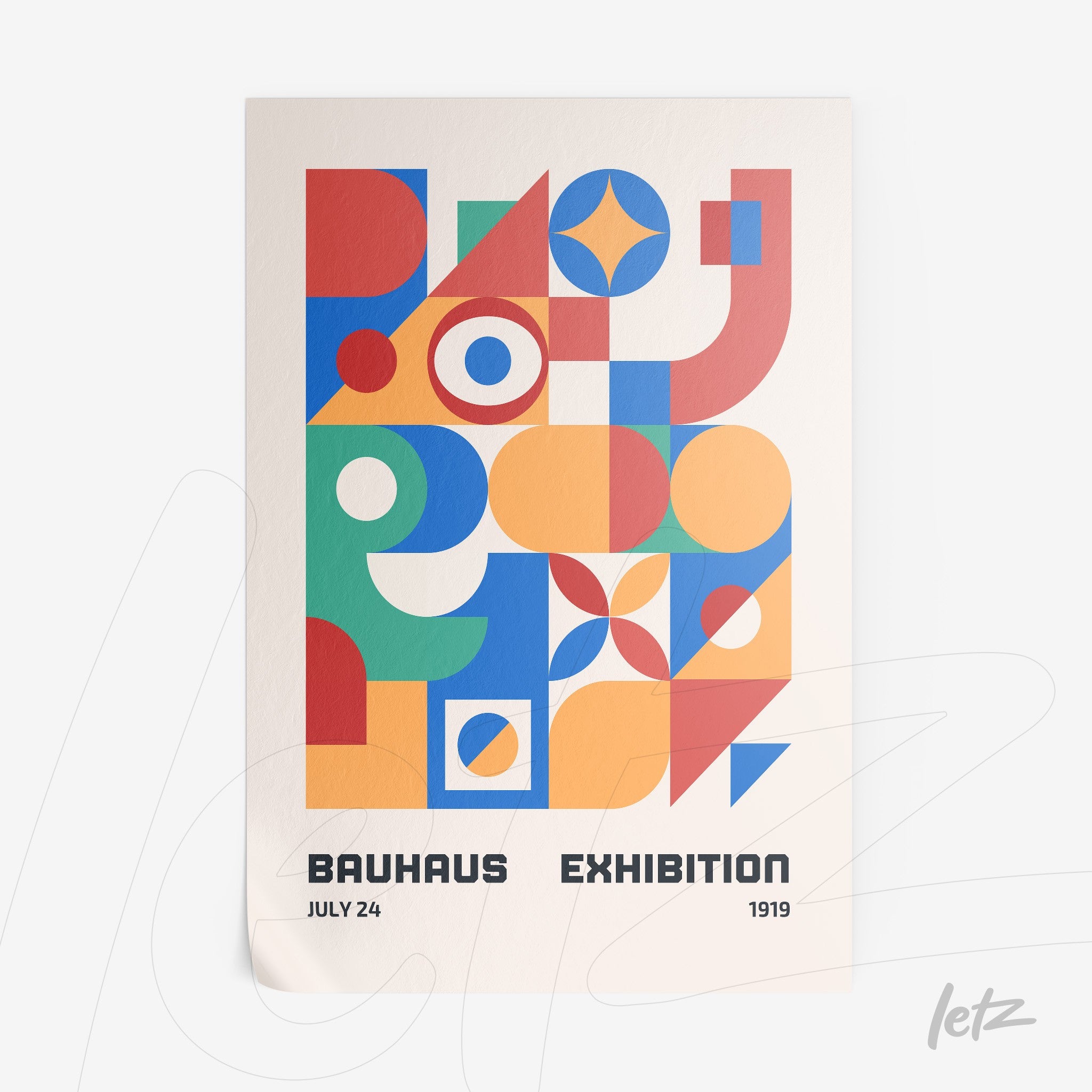poster print featuring colorful geometric Bauhaus style design with text 'Bauhaus Exhibition July 24 1919'