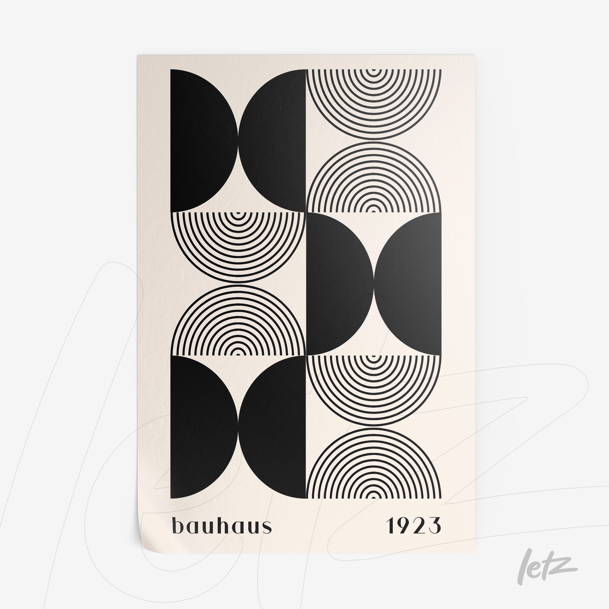 poster featuring geometric art inspired by Bauhaus, displaying concentric circles and semicircular shapes in black on a light beige background