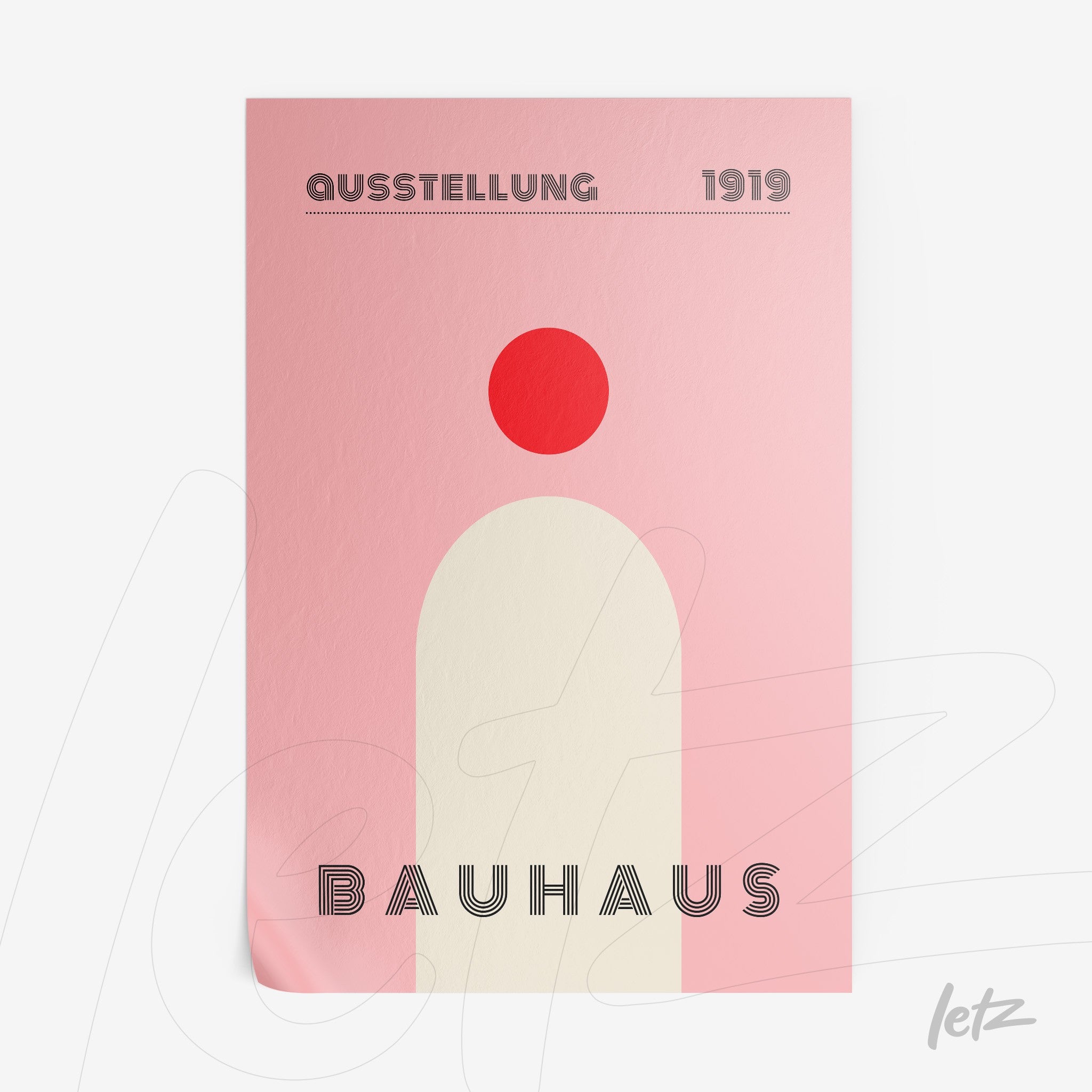 poster print featuring minimalist Bauhaus style art in shades of pink and red