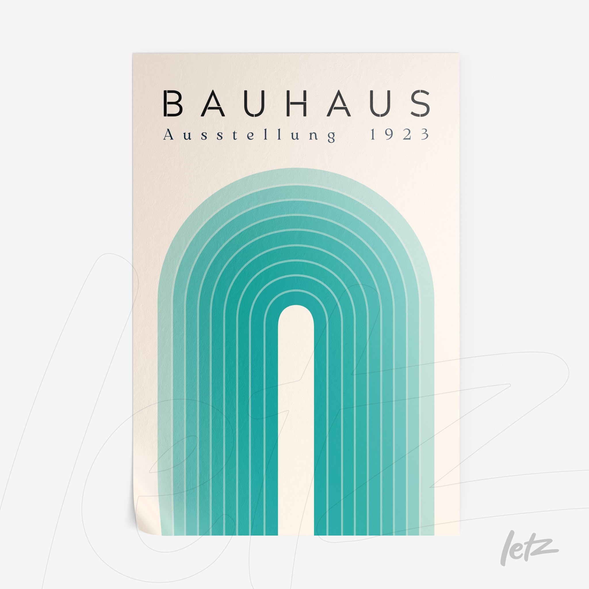 poster print featuring geometric design in teal hues and the text 'Bauhaus Ausstellung 1923' on a light background