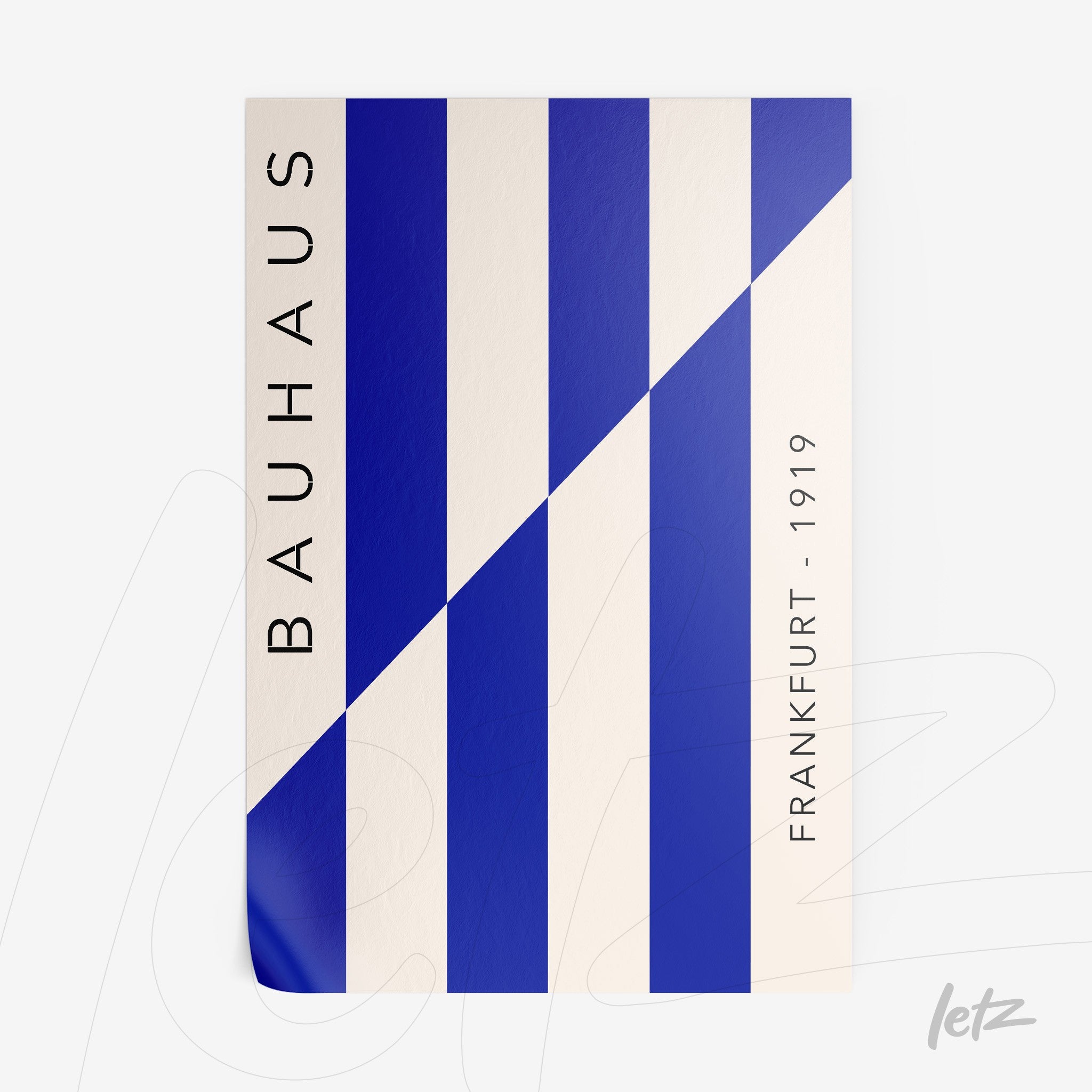 poster with vertical blue and white stripes featuring the word bauhaus and the inscription frankfurt - 1919