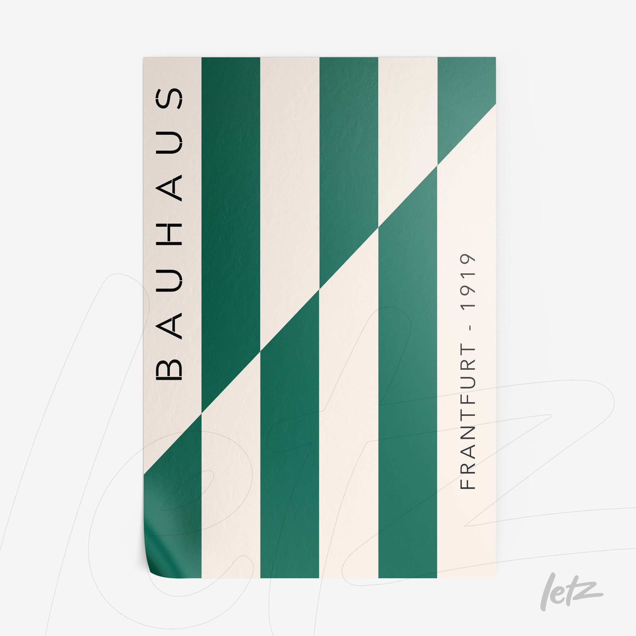 poster with geometric bauhaus design in green and white with side text