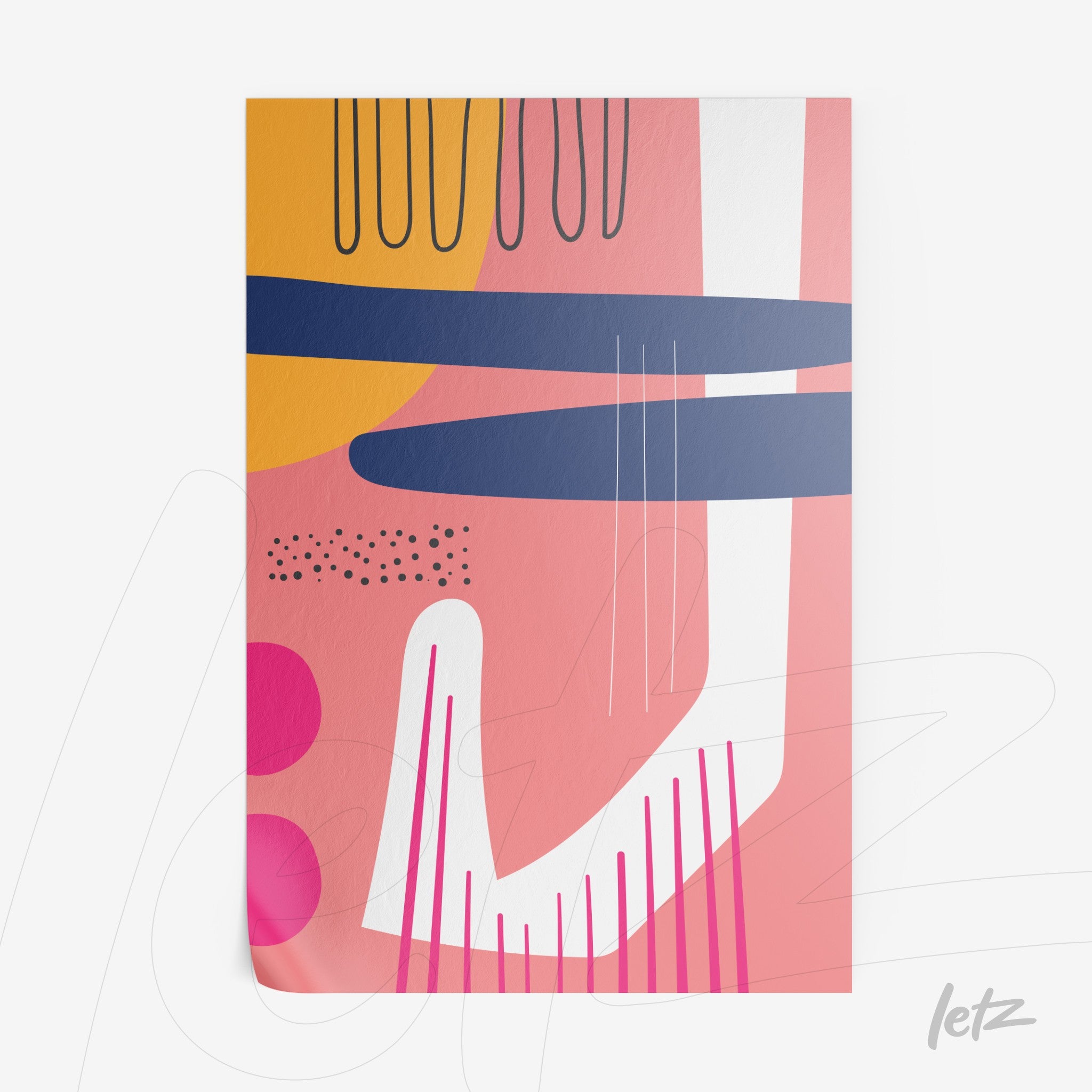 impressão em papel com arte abstrata boho em tons modernos de rosa, laranja e azul