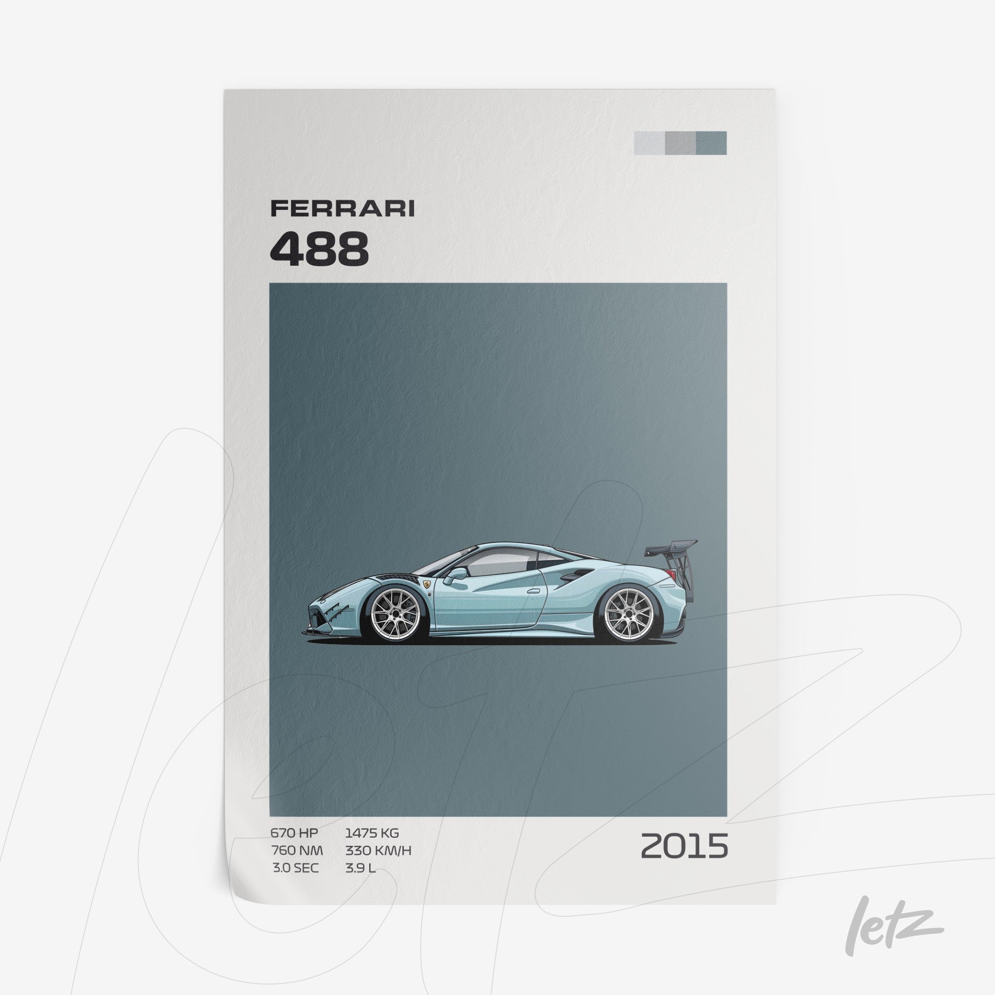 decorative wall art featuring a minimalistic illustration of a ferrari 488 on a pastel blue background
