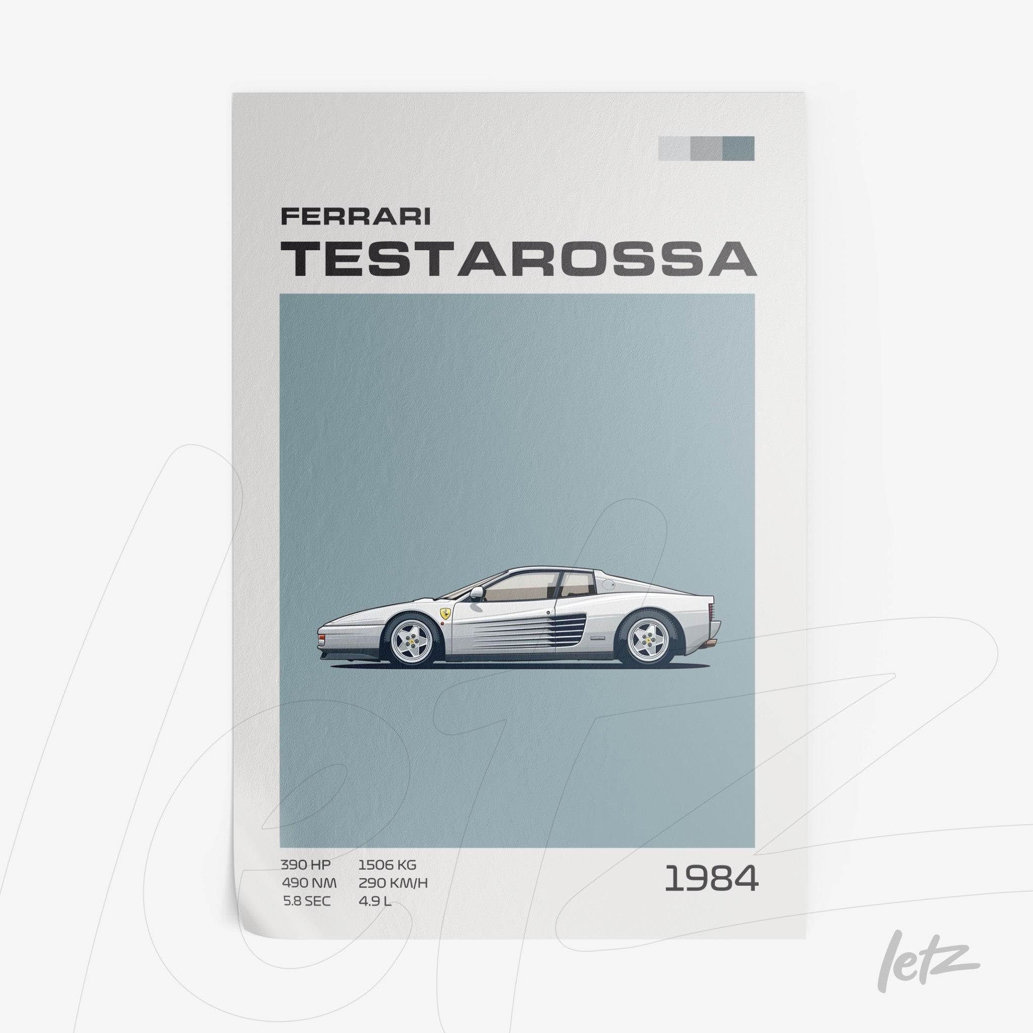 digital illustration of the Ferrari Testarossa sports car on light blue background with technical details below