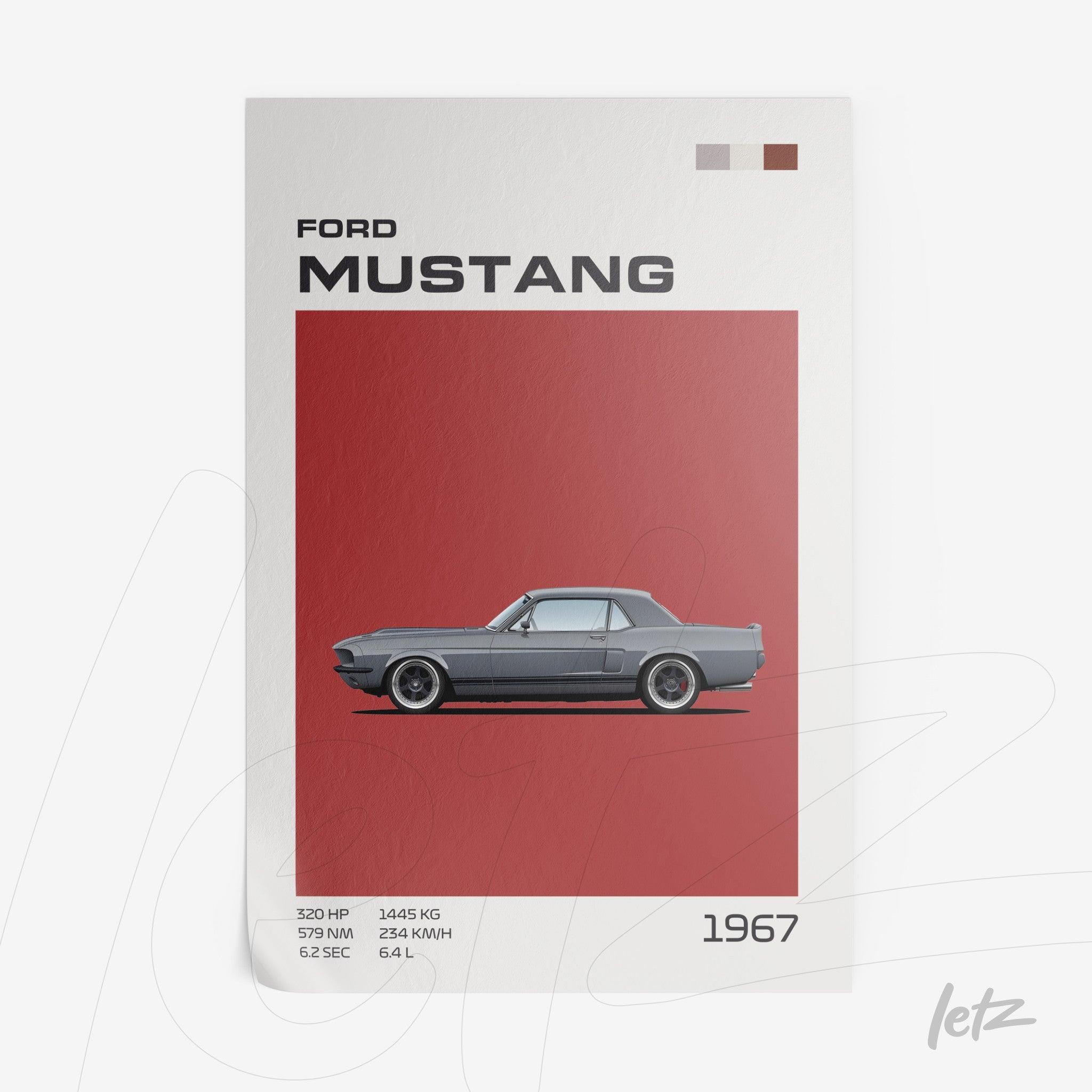 digital art featuring an illustration of a 1967 Ford Mustang on a red background with graphic details