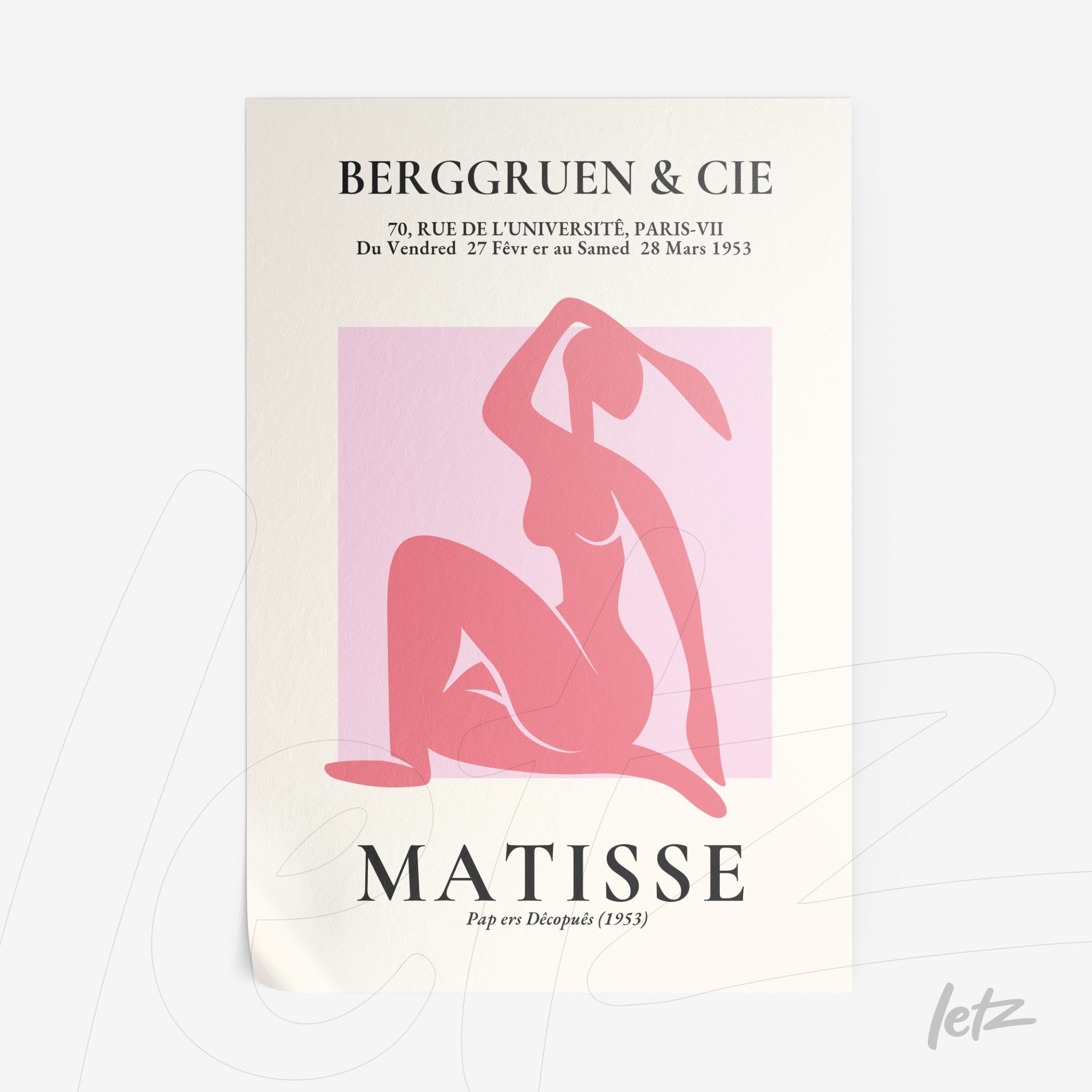 artwork featuring an abstract figure of a woman in shades of pink on a light pink background, displayed on textured paper