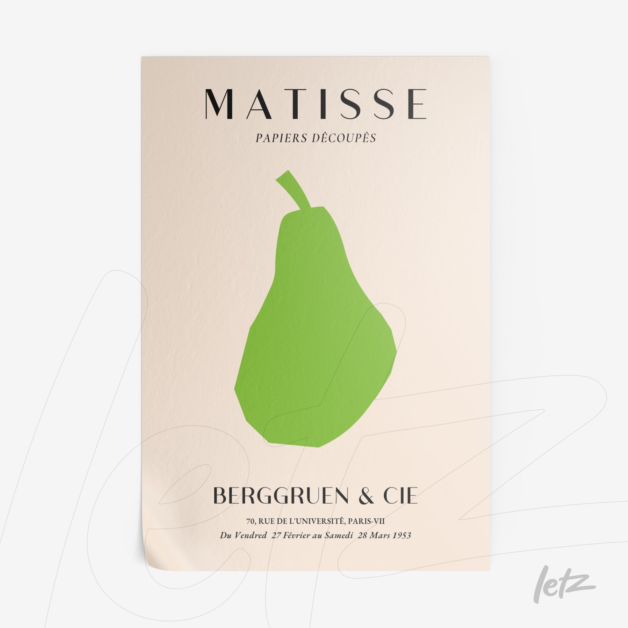 modern art print featuring a stylized green pear on a light background with elegant typography at the top