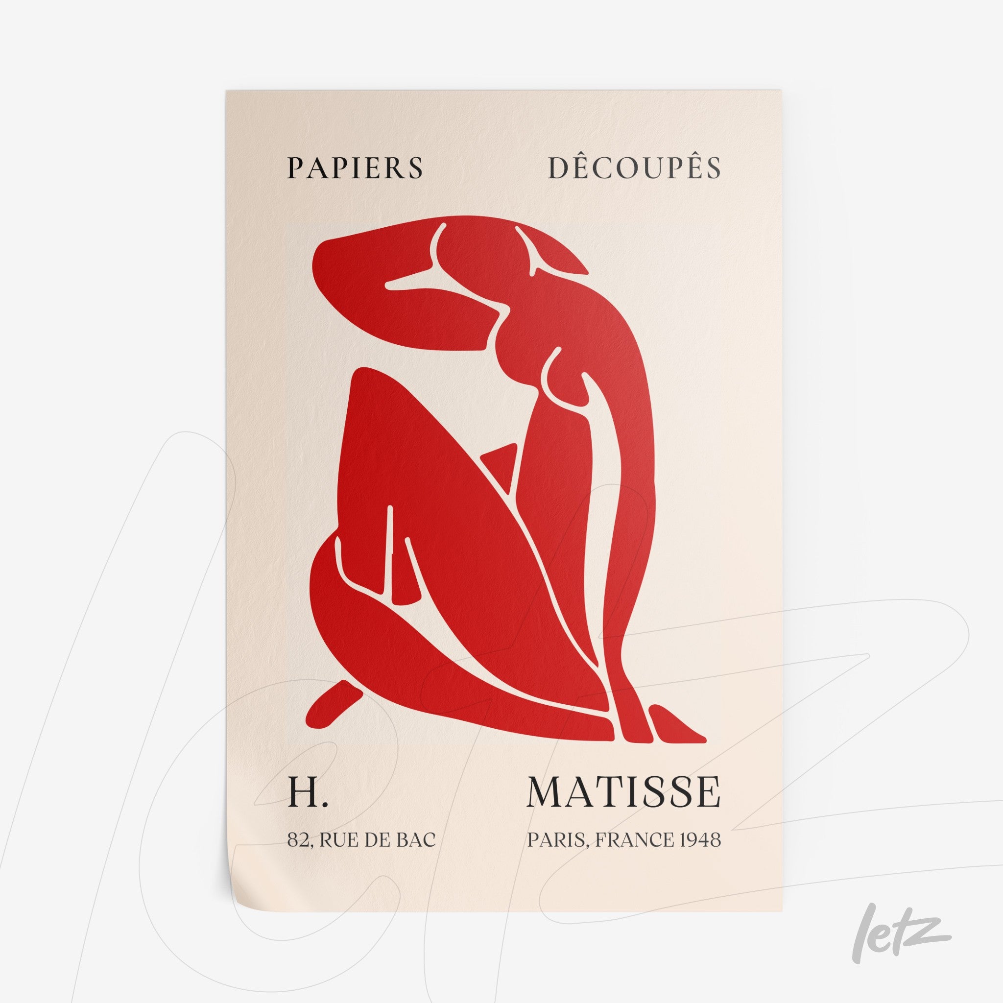 framed art featuring red cut-out design of a female figure on a light background with classic font text