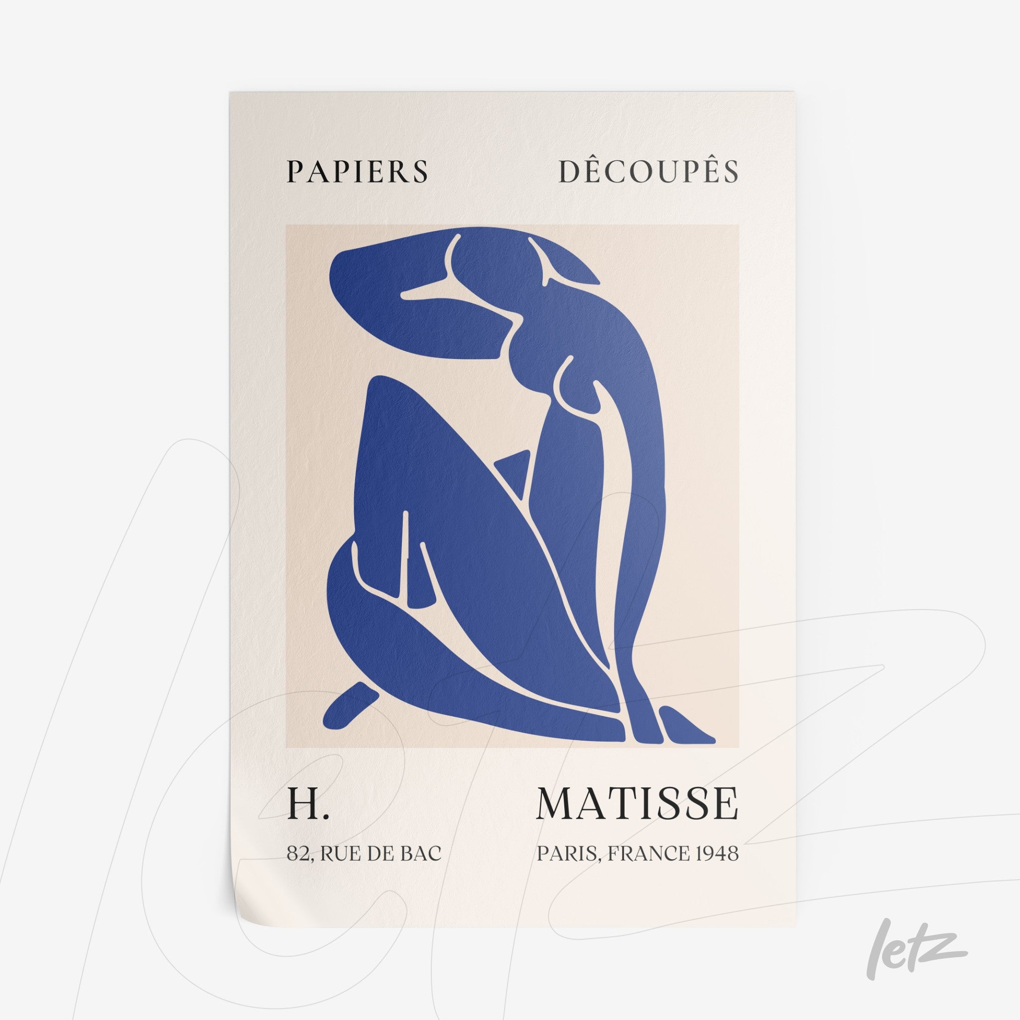 art print inspired by Henri Matisse in blue tones on light background featuring modern typography
