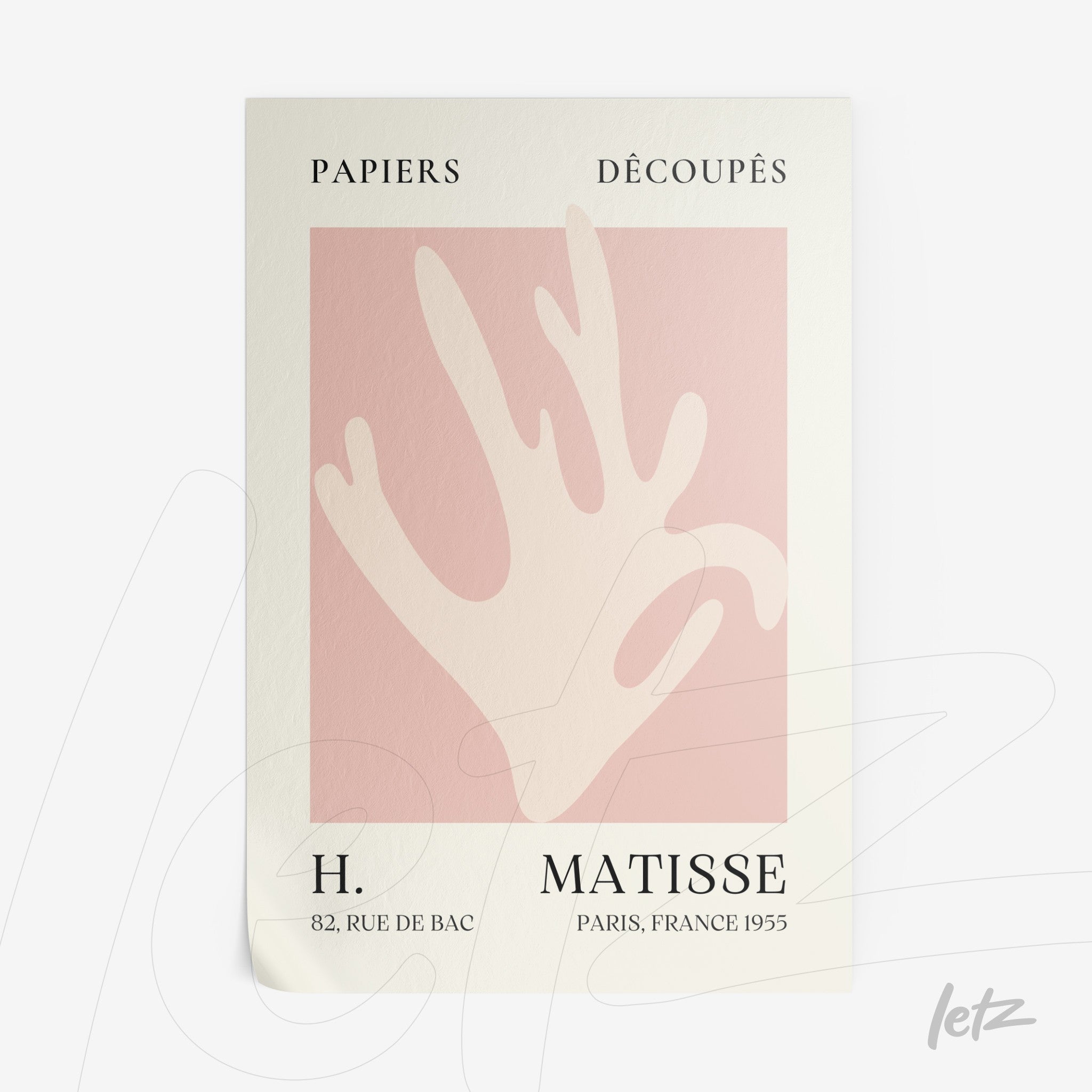 framed wall art featuring a stylized hand on a soft pink background with white frame and bold black typography