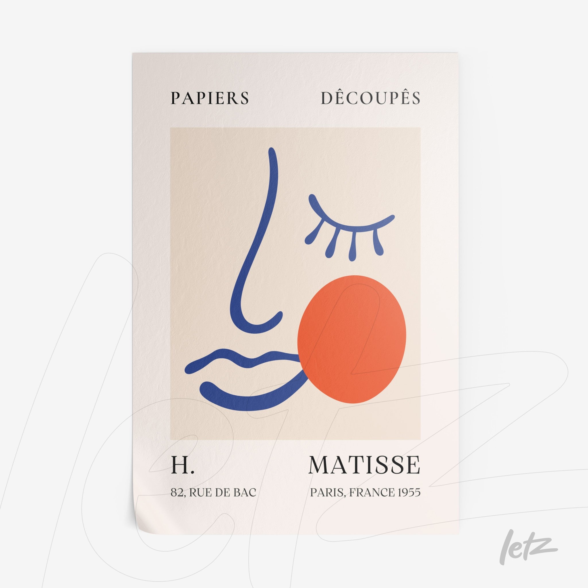 framed wall art featuring modern design of a stylized face with a red circle and blue outlines against a light background