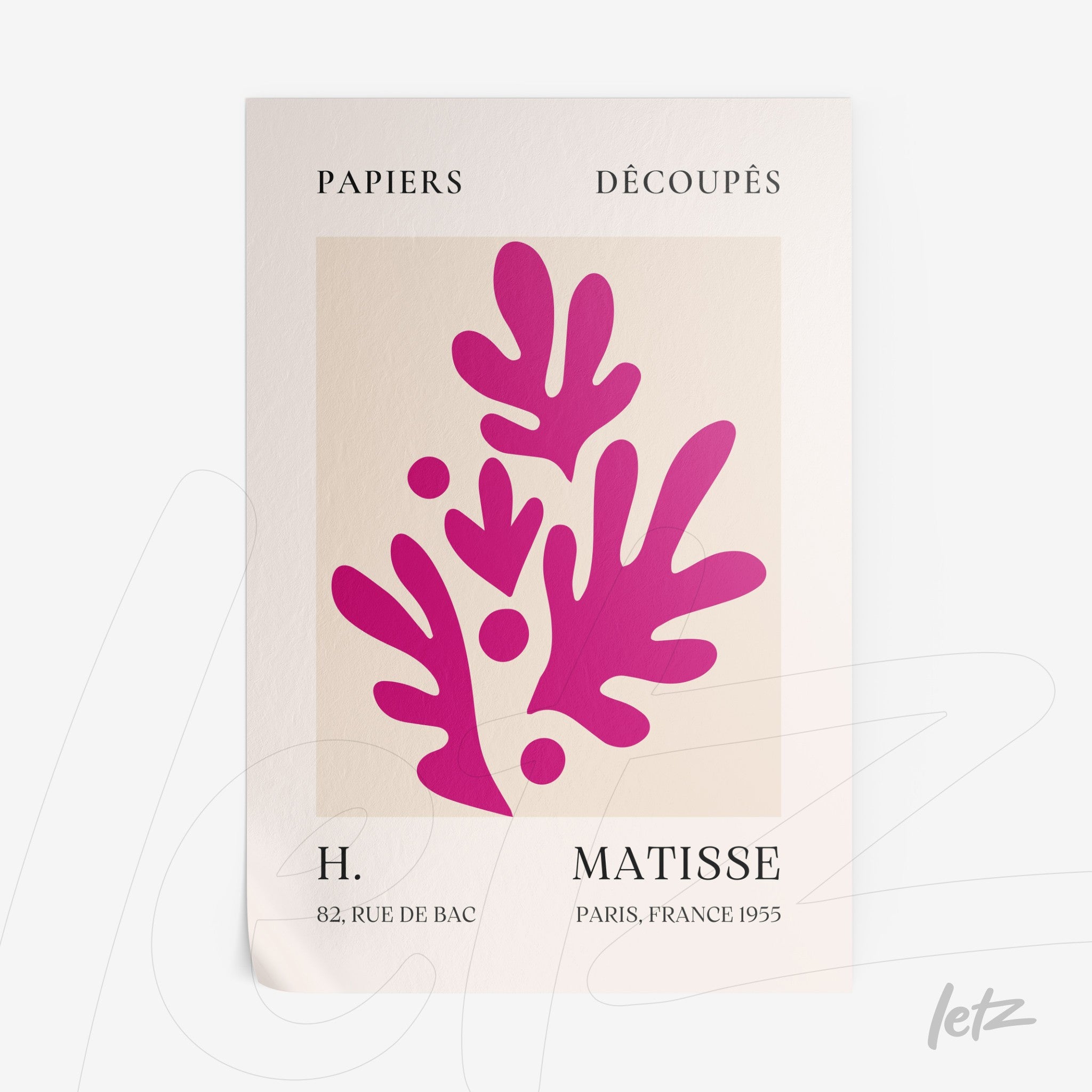 decorative art print featuring modern cut-out shapes in pink on a light background with text at the top and bottom