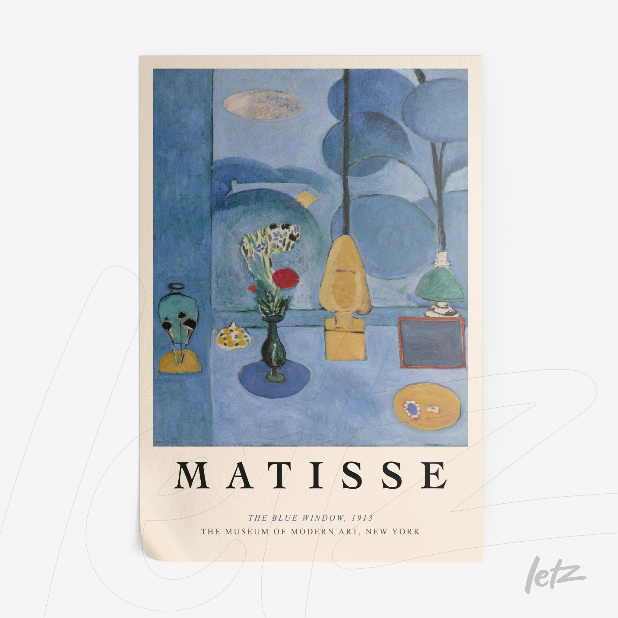 decorative wall art inspired by matisse with blue tones and still life elements such as flowers and objects in a balanced composition