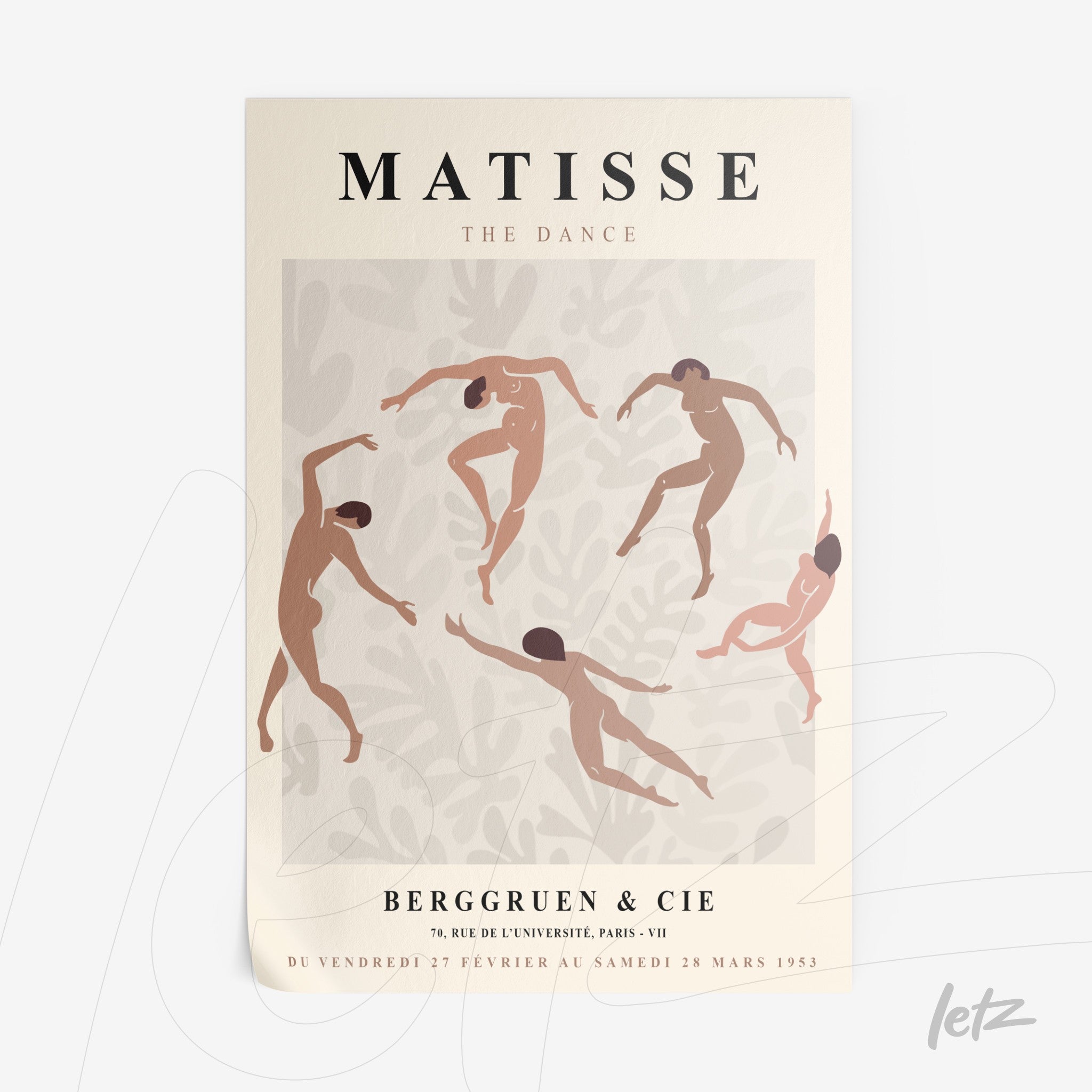 framed abstract art of dancers in soft colors on light background with white frame