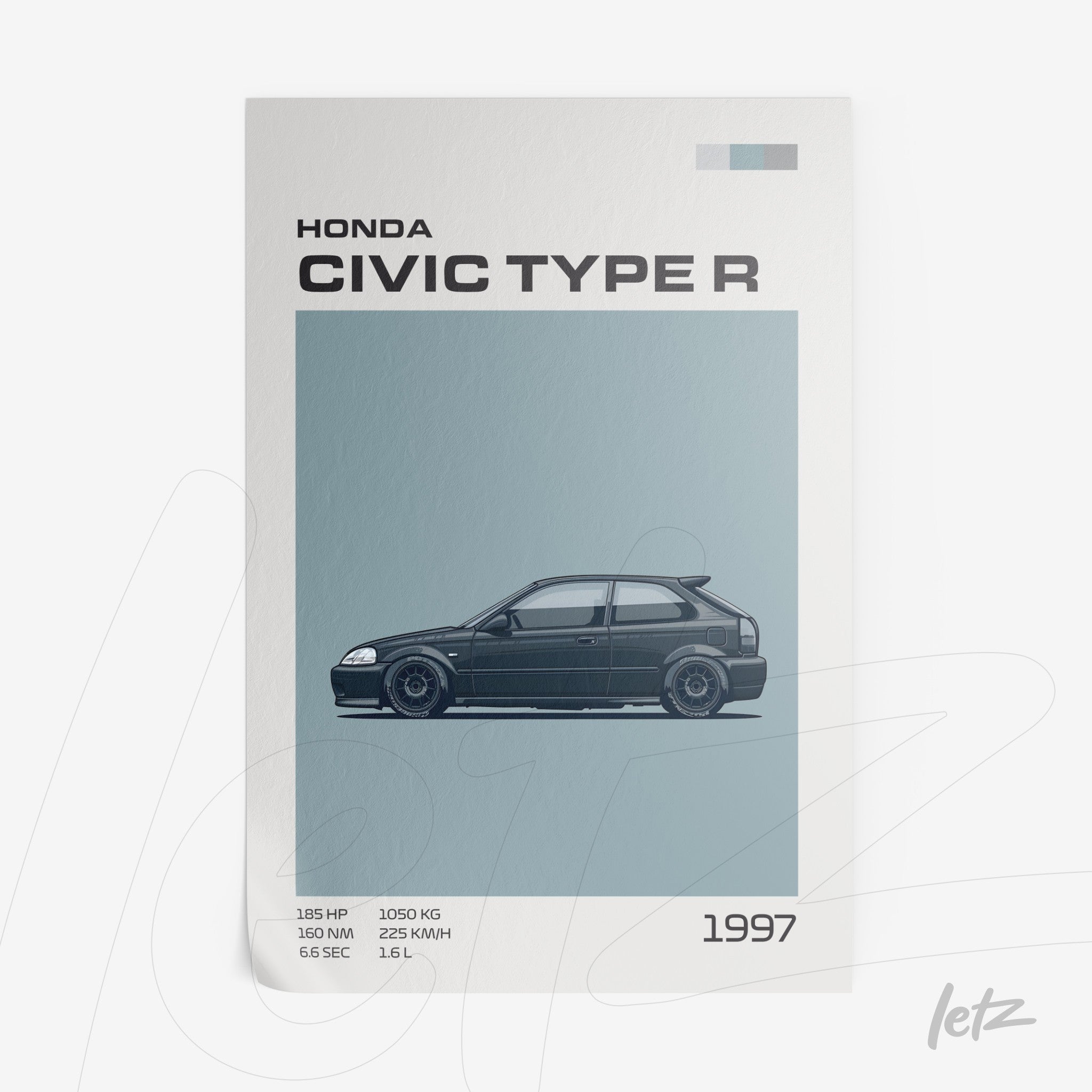minimalist digital art of a 1997 Honda Civic Type R with a blue background and gray accents