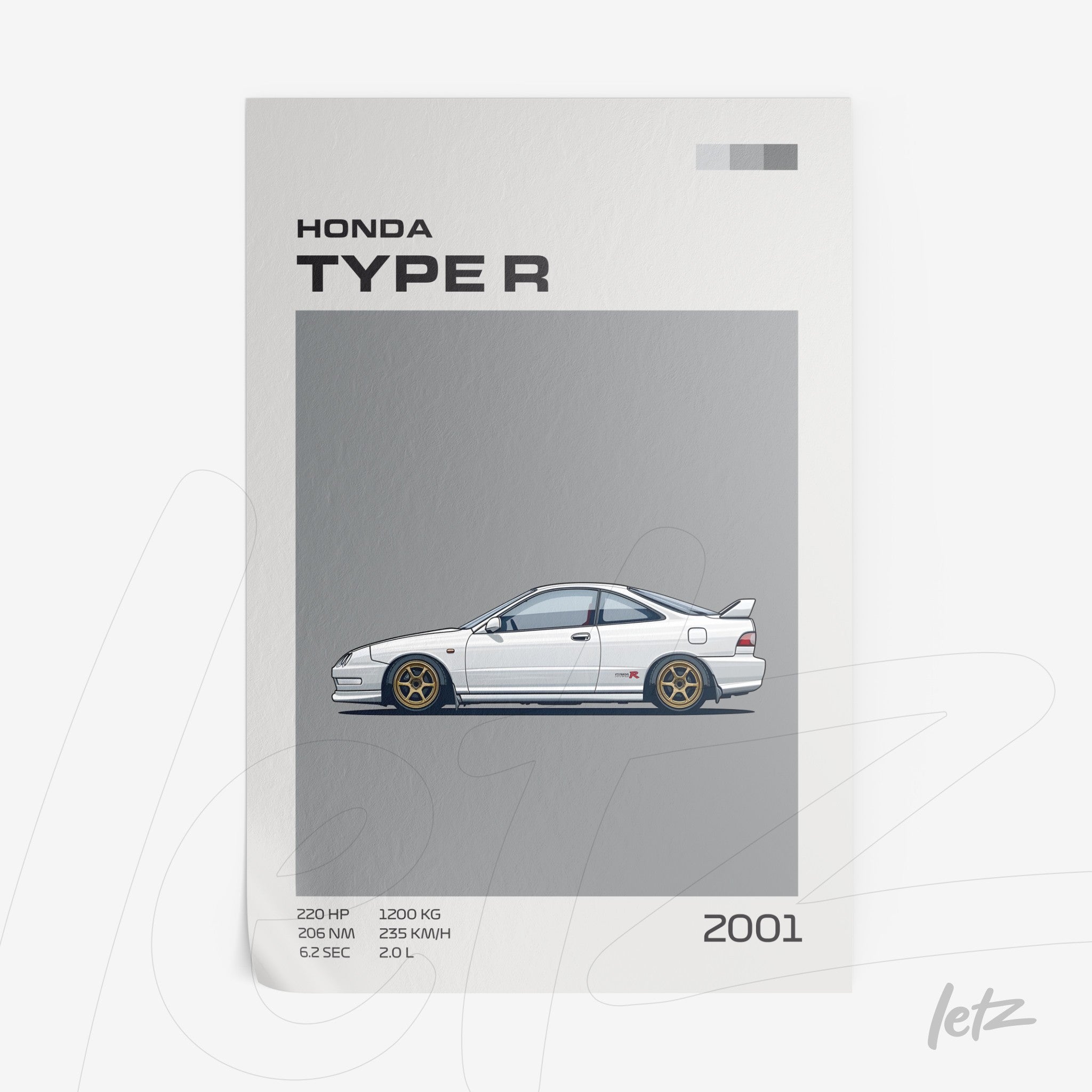 framed art featuring a 2001 Honda Type R illustration on a light gray background