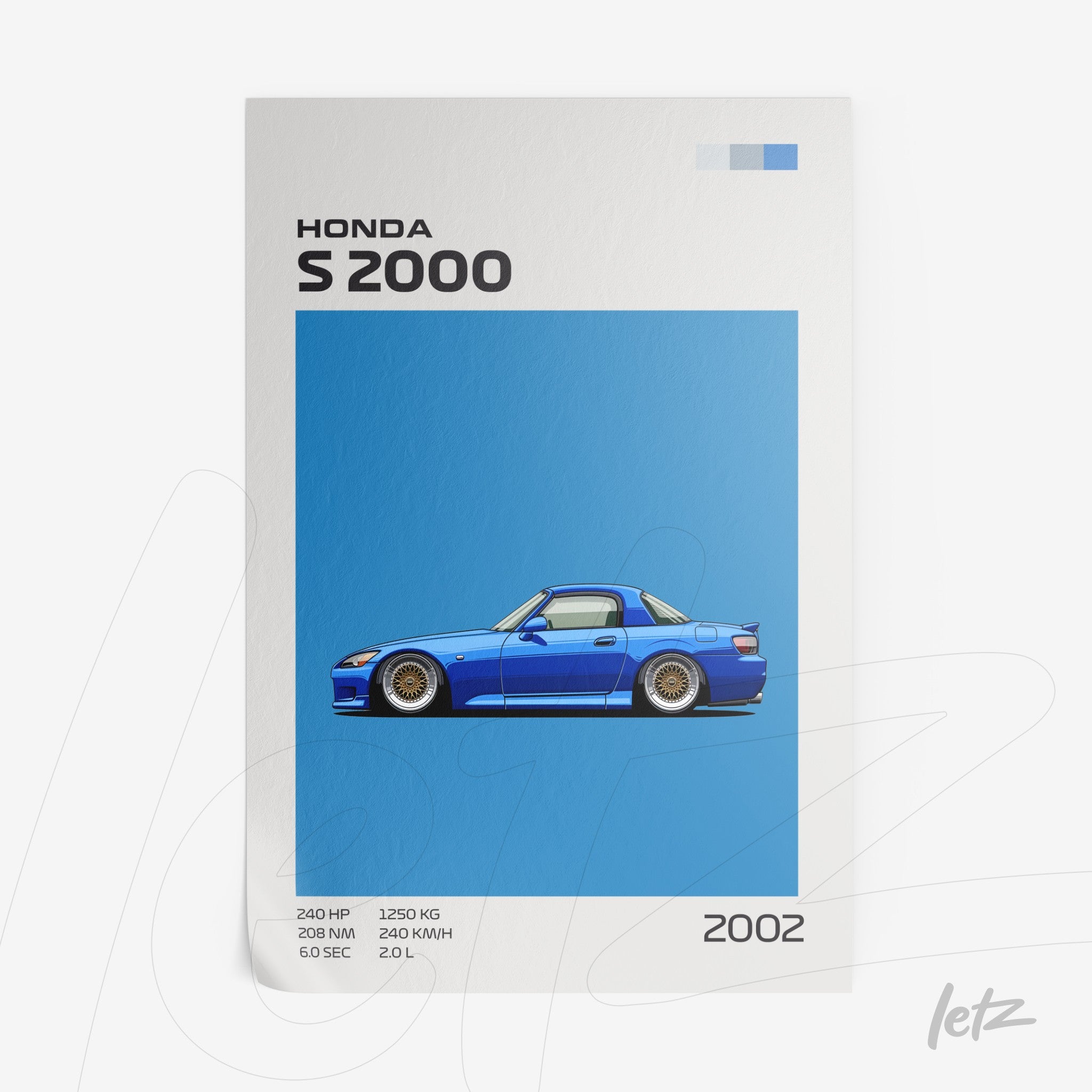 framed wall art featuring a blue Honda S2000 car illustration on a light blue background, with technical specifications displayed at the top and bottom
