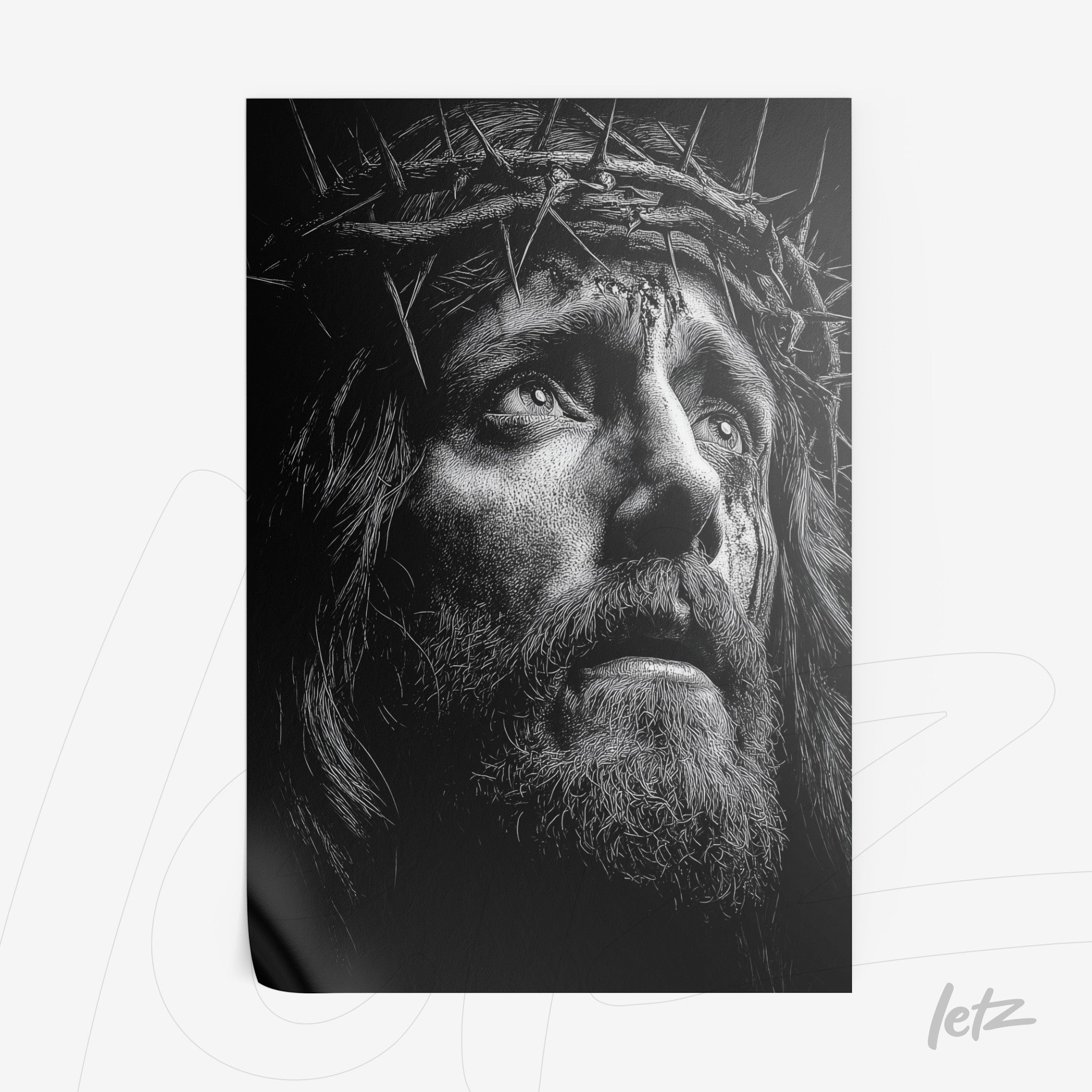 black and white artwork depicting an emotional profile of Jesus with a crown of thorns and a pained expression