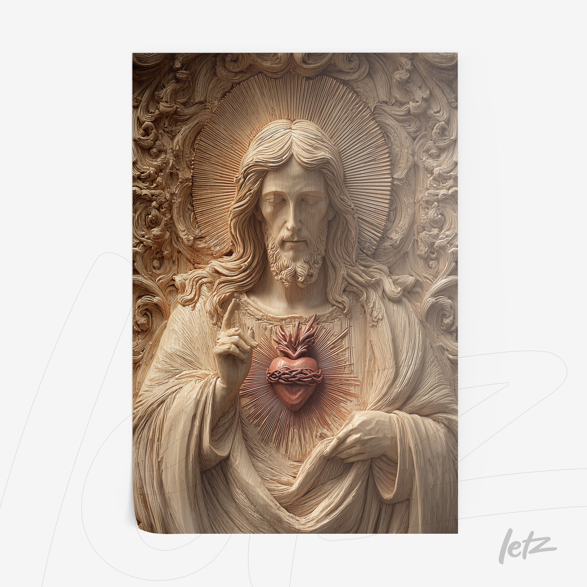 wall art featuring a relief sculpture of Christ with the sacred heart set against an intricately detailed wooden background