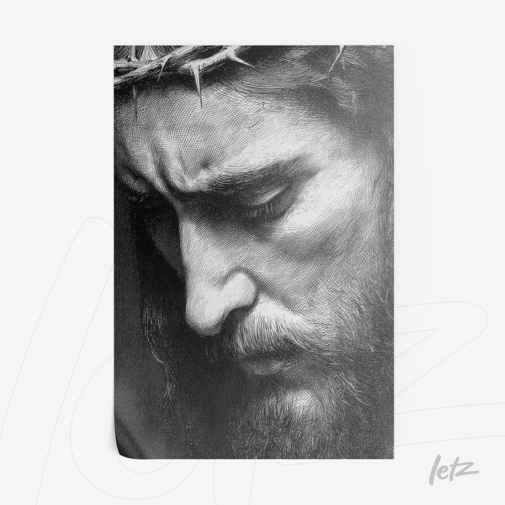 realistic portrait of a man with a somber expression and a crown of thorns against a light background
