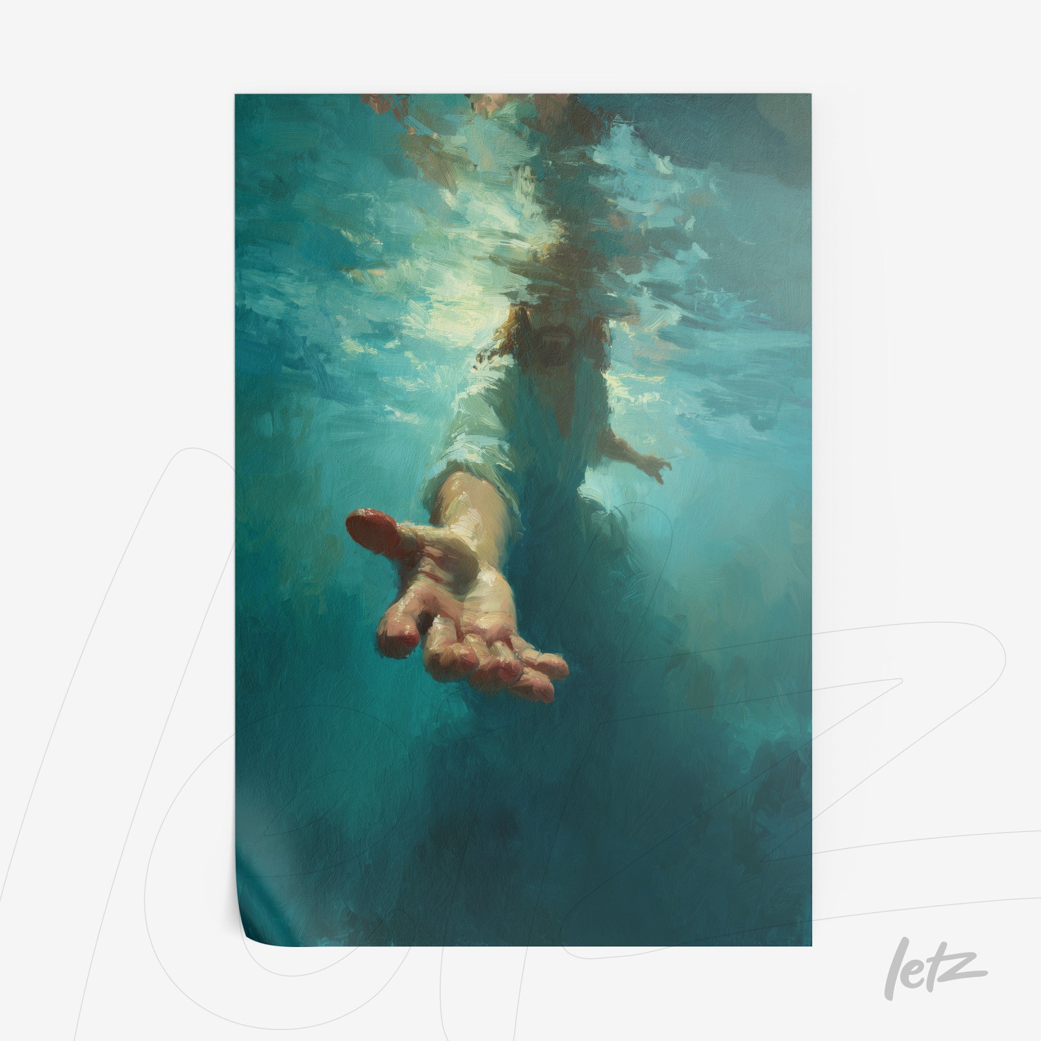 canvas print of a submerged figure reaching out with an outstretched hand in deep blue water