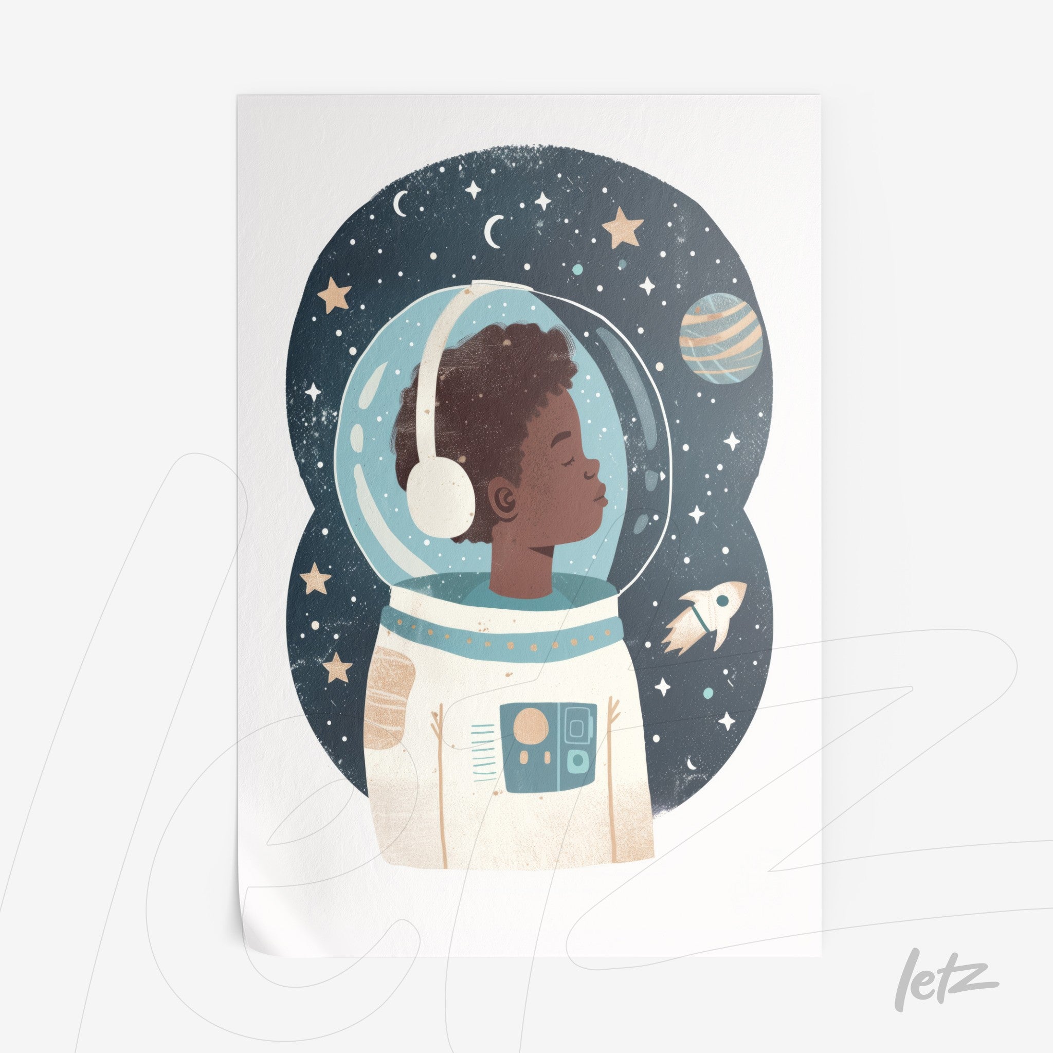 illustration of a child astronaut with a space helmet, starry background and planets