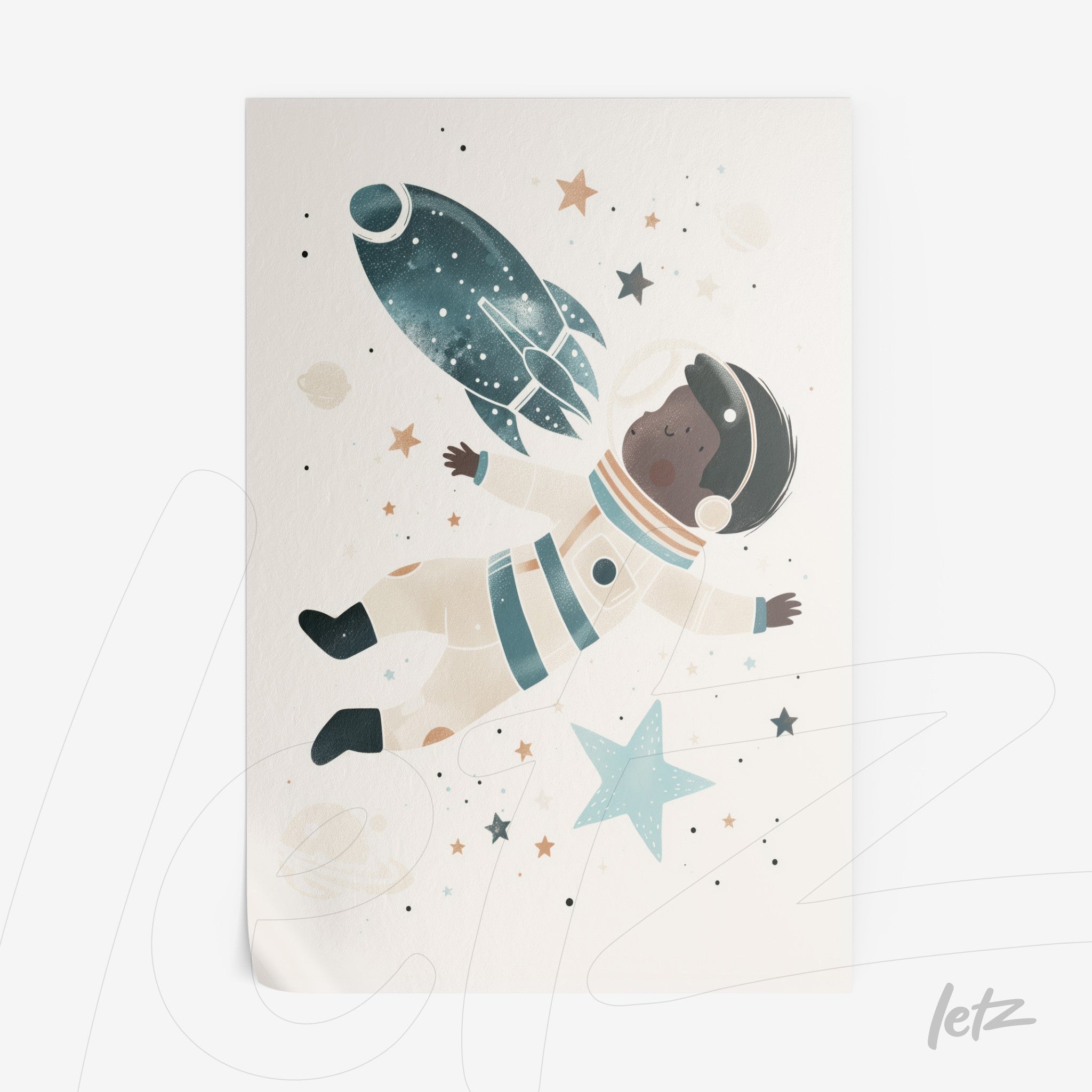 children's wall art featuring a black astronaut floating in space surrounded by stars and a rocket