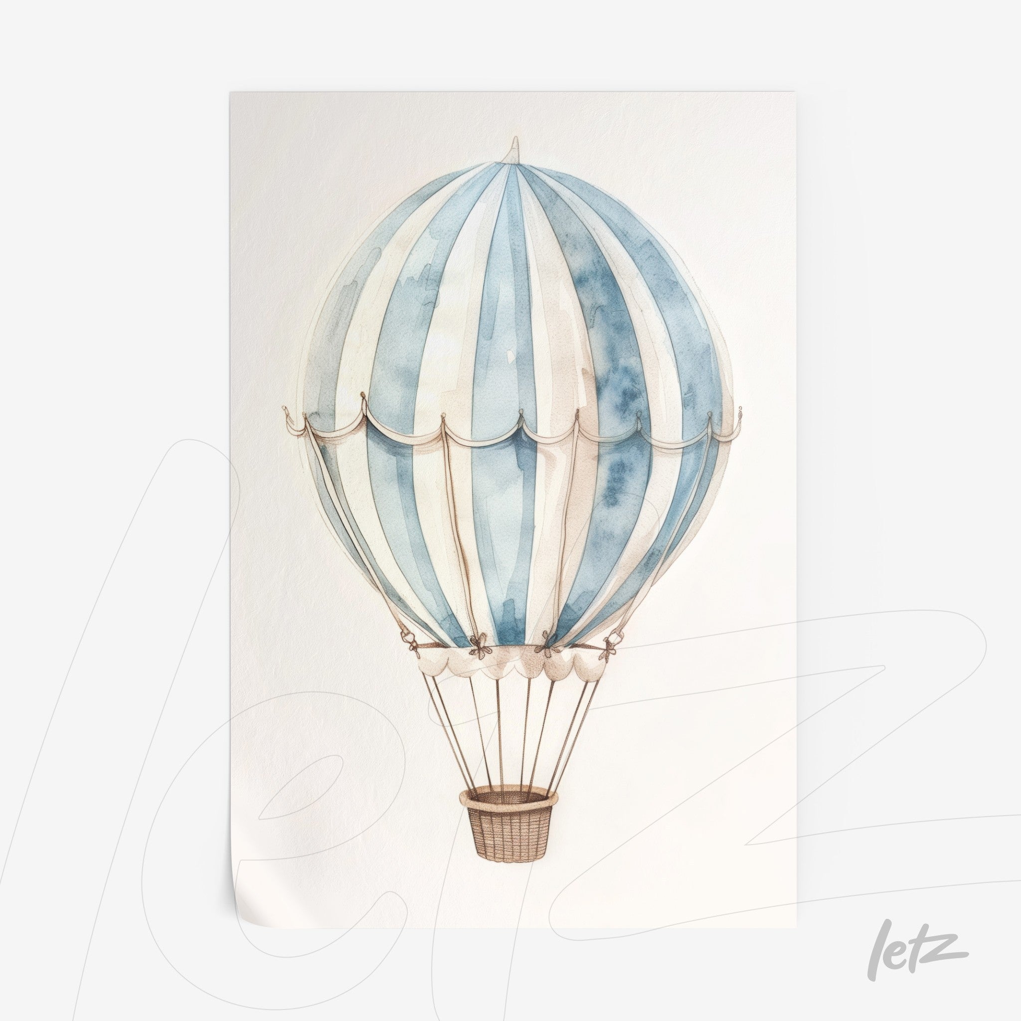 wall art featuring a watercolor illustration of a hot air balloon with blue stripes in pastel shades