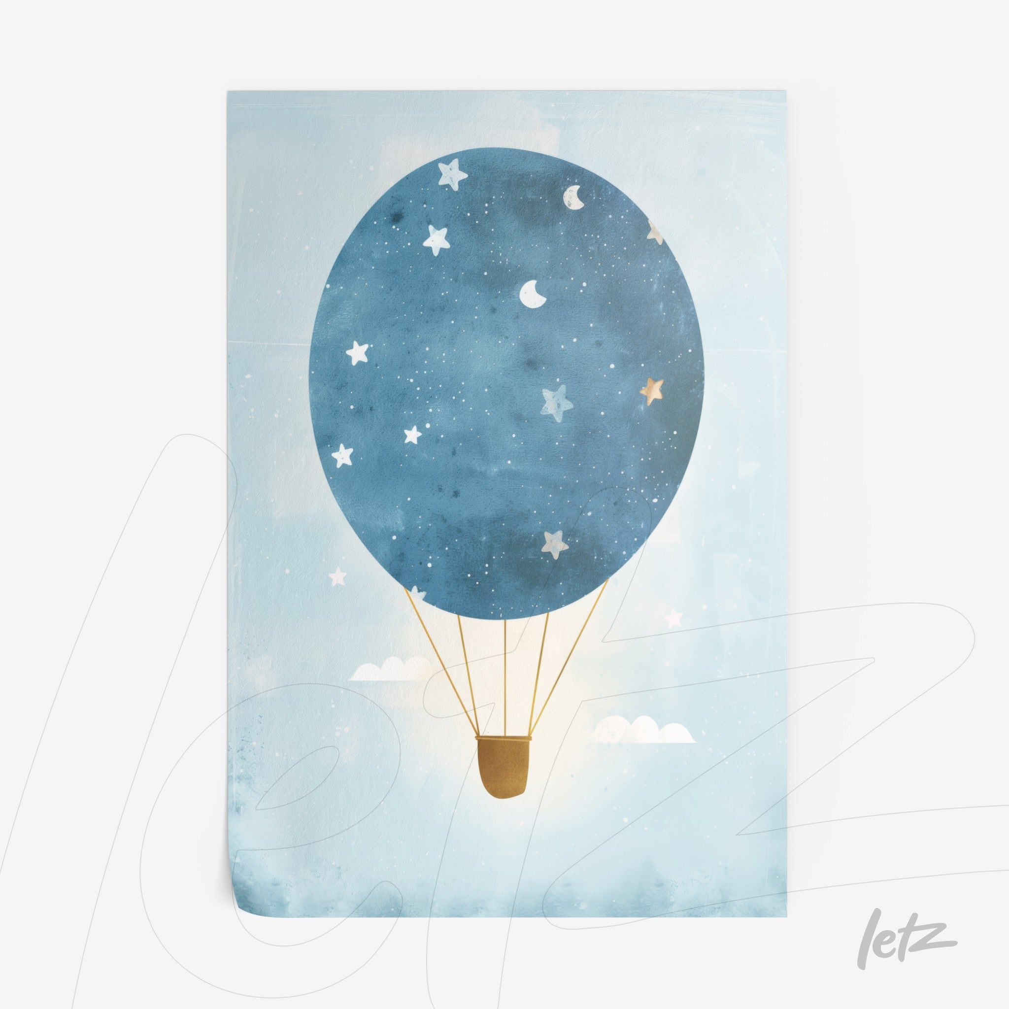 framed wall art featuring a blue hot air balloon with stars and clouds on a light background