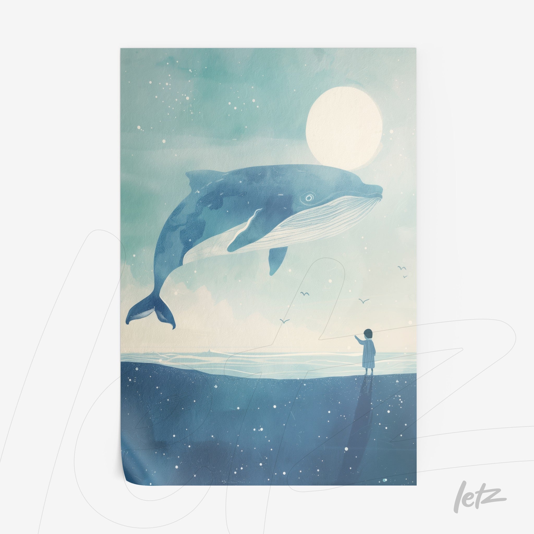 framed wall art featuring a large blue whale against a starry sky with a child gazing up at it