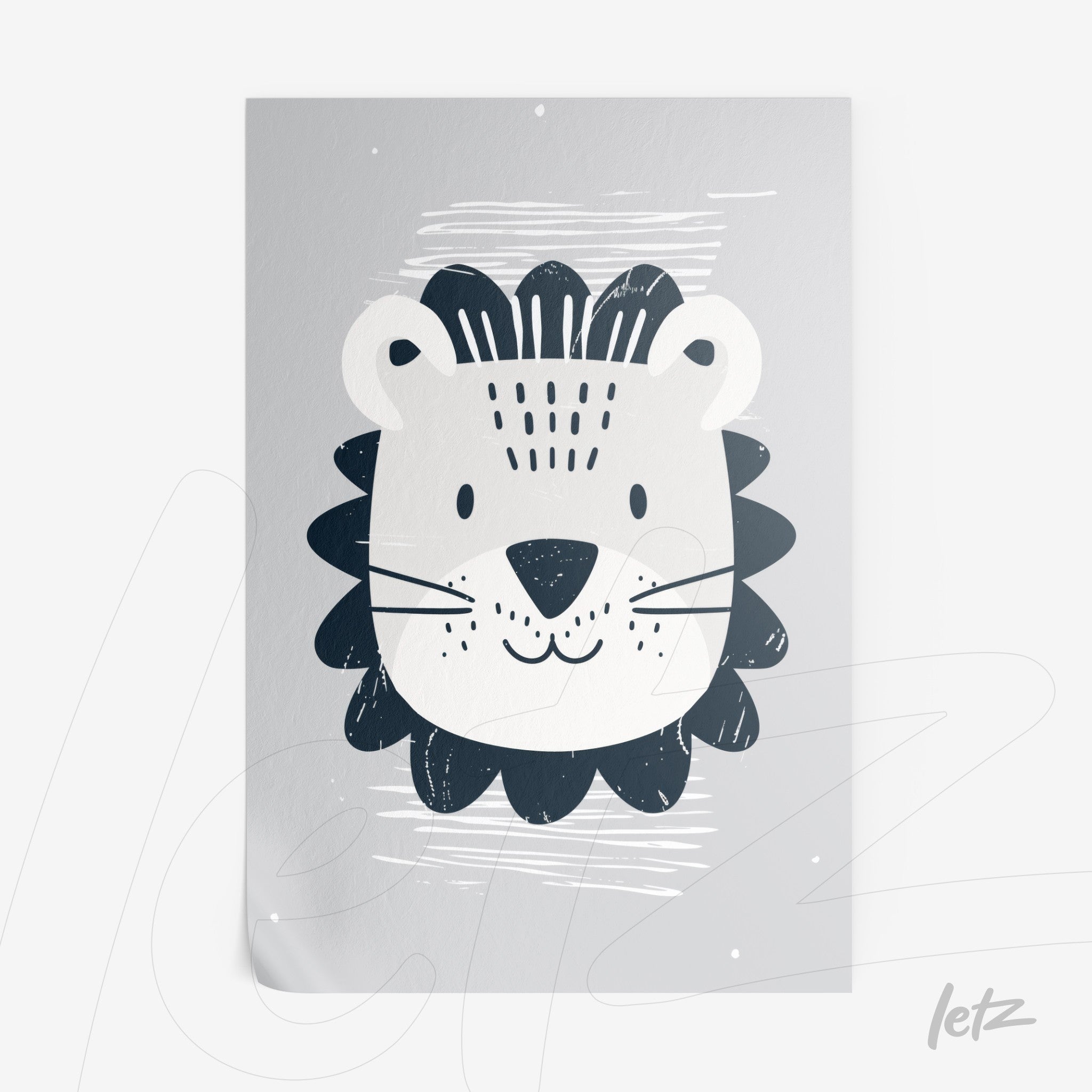 framed wall art featuring a cute lion illustration with simple lines on a light gray background