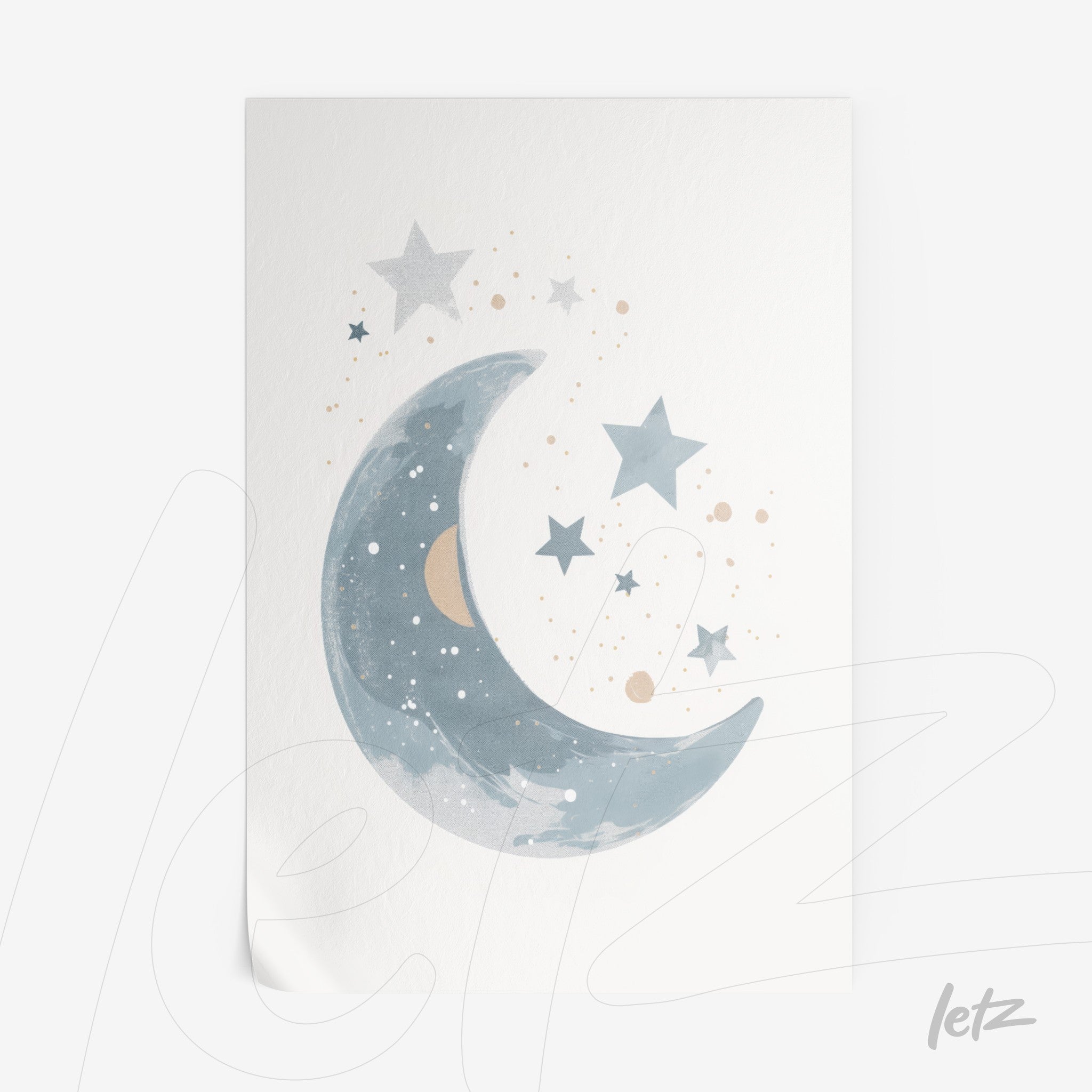 decorative art featuring a crescent moon and stars in blue and gold tones on a light background