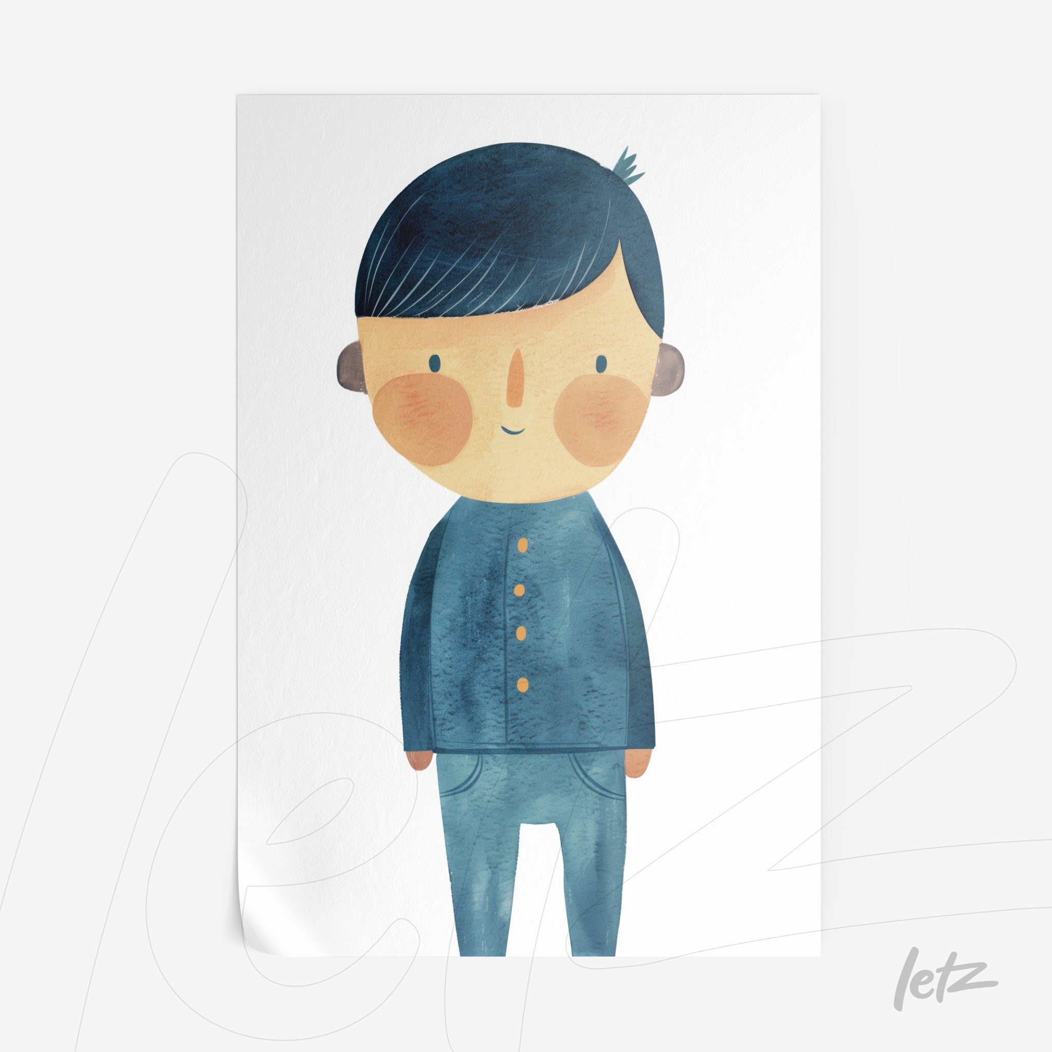 illustration of a boy with short dark hair, wearing a blue button-up shirt and blue pants, set against a white background