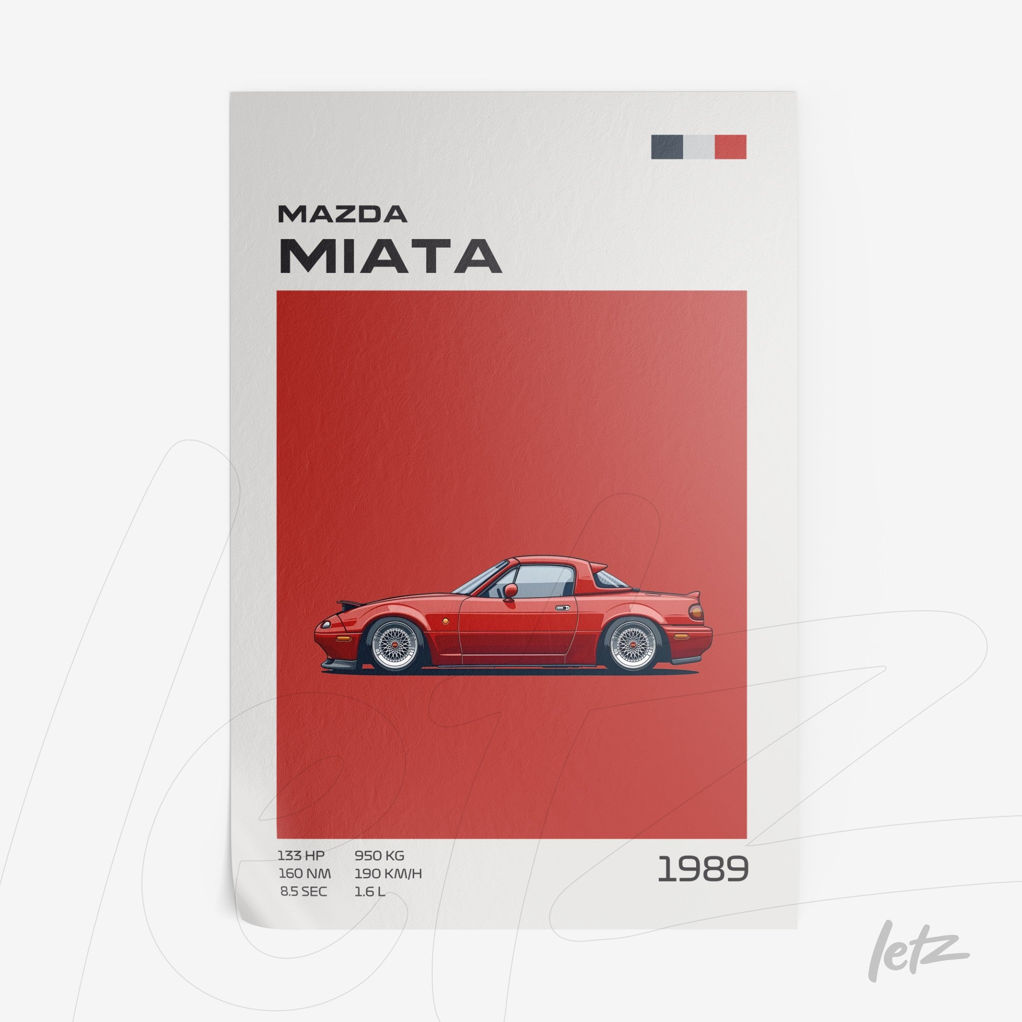 art print featuring an illustration of a 1989 Mazda Miata with a red background and detailed specifications