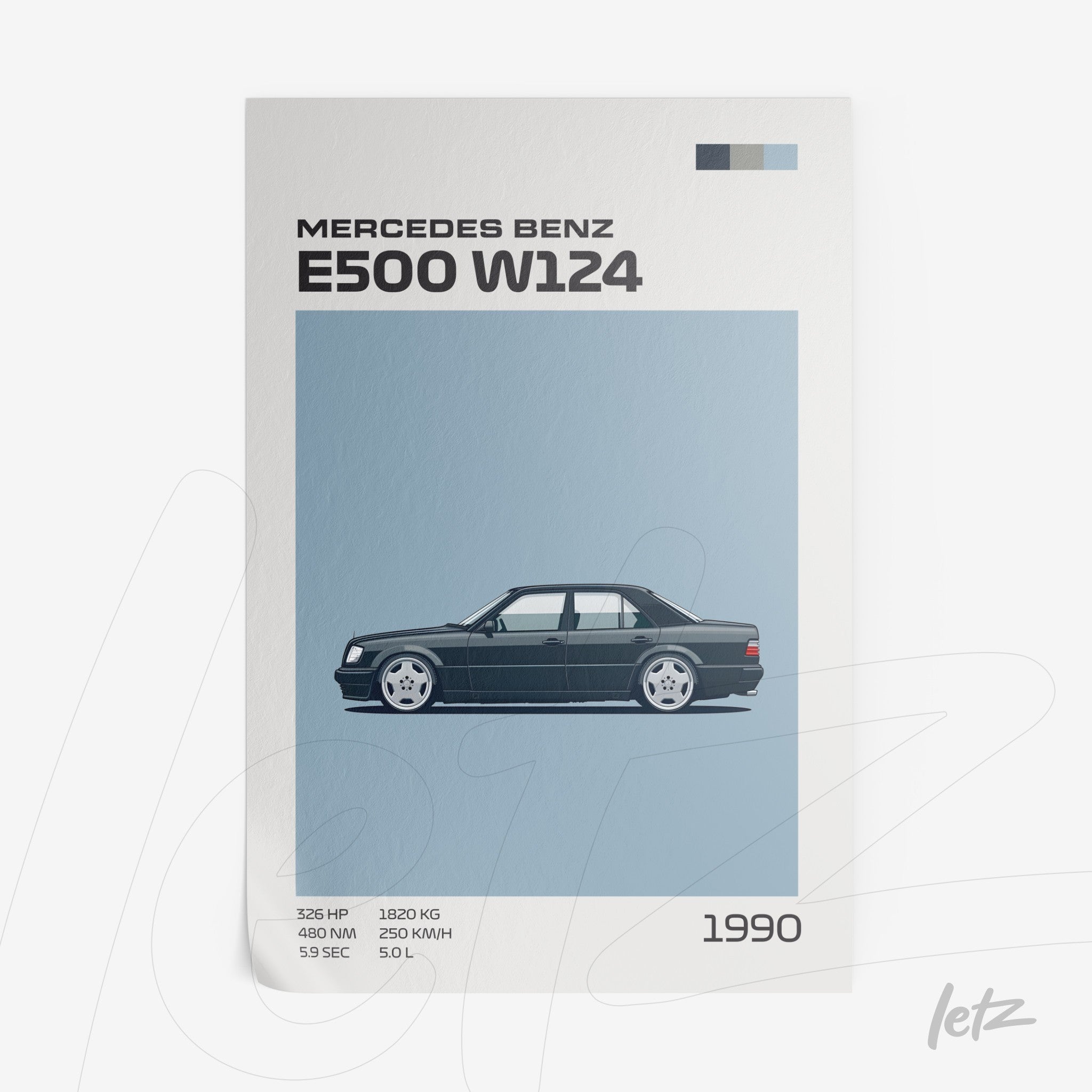 framed artwork featuring an illustration of the Mercedes Benz E500 W124 in a minimalist style against a light blue background