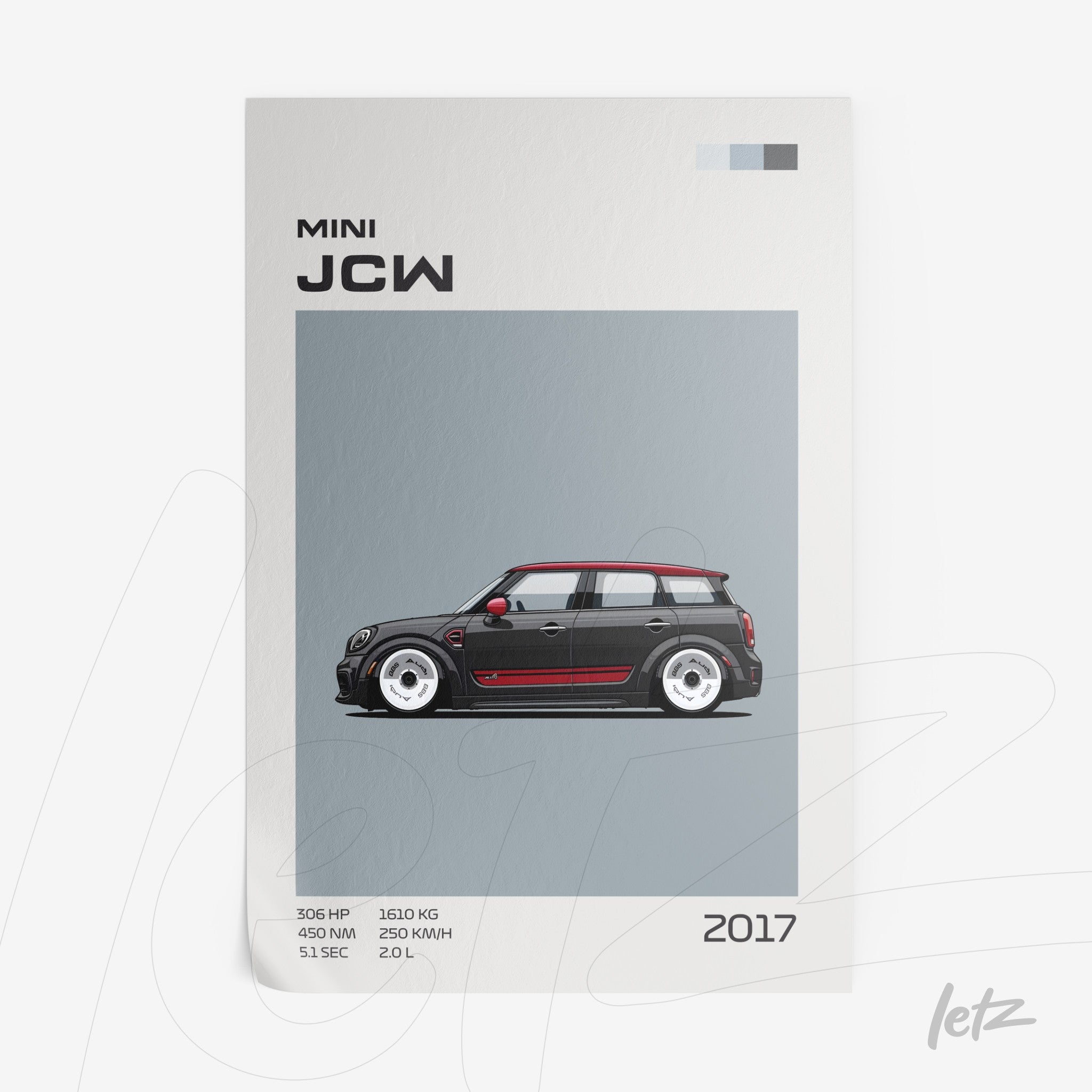 framed artwork featuring a detailed illustration of a Mini JCW on a gray background, showcasing technical specifications beside it