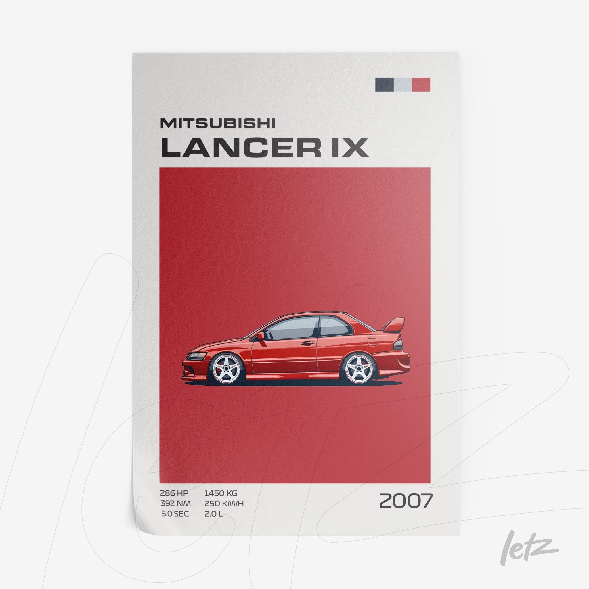 framed artwork featuring a minimalist illustration of the Mitsubishi Lancer IX on a red background
