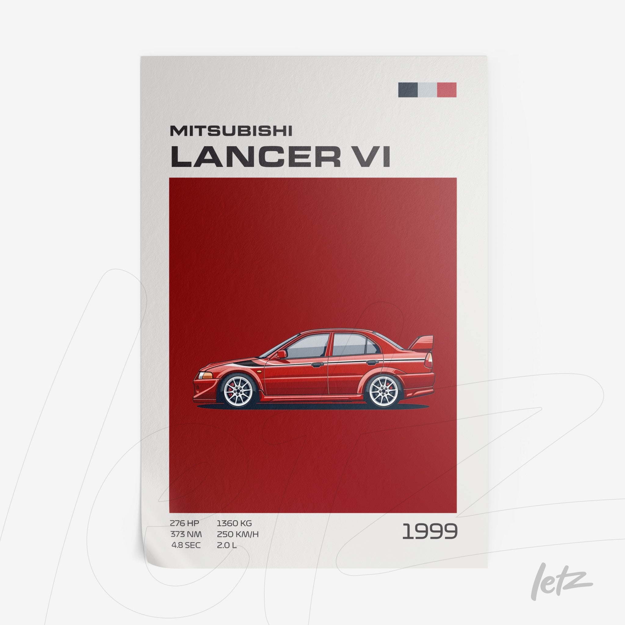 framed artwork featuring Mitsubishi Lancer VI illustration on vibrant red background with white frame