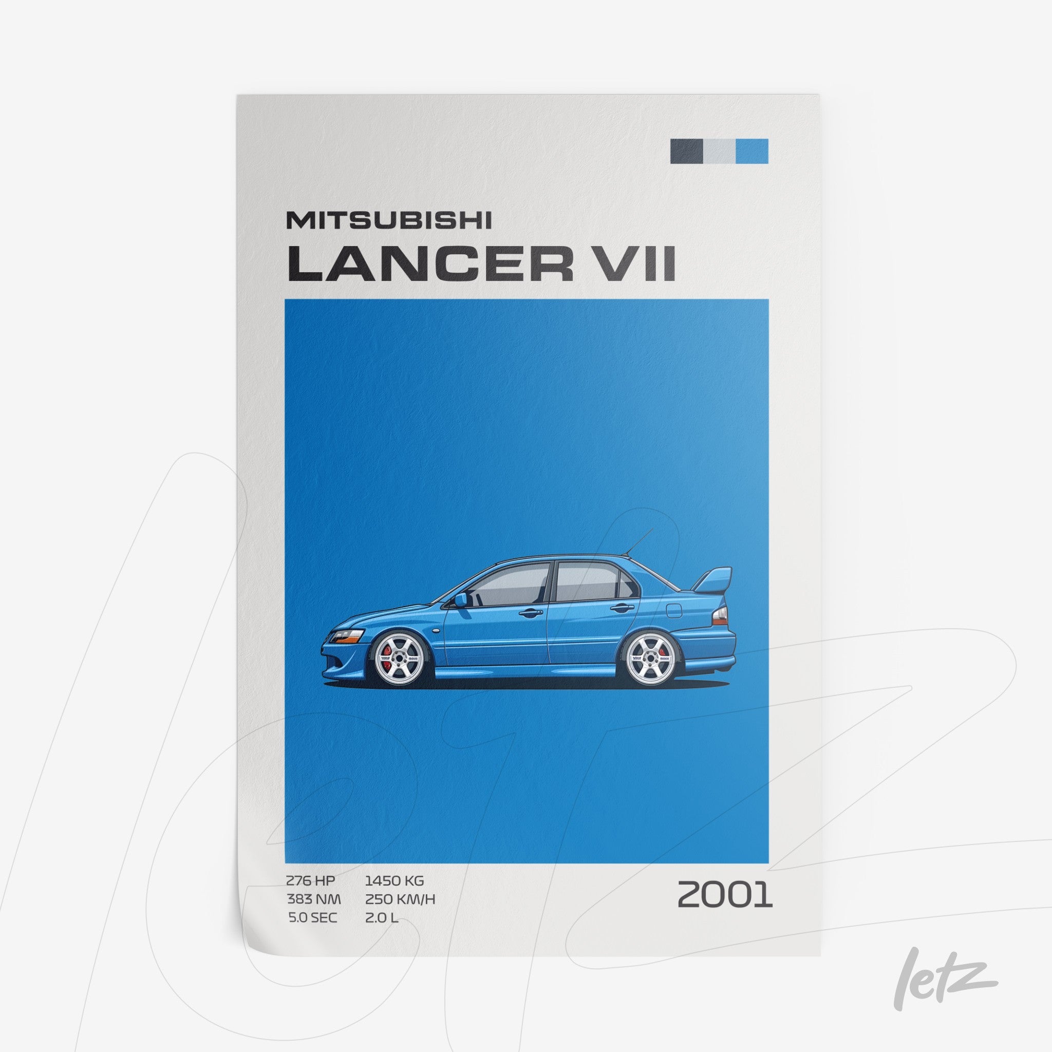 digital illustration of a blue Mitsubishi Lancer VII with blue background and white and black details