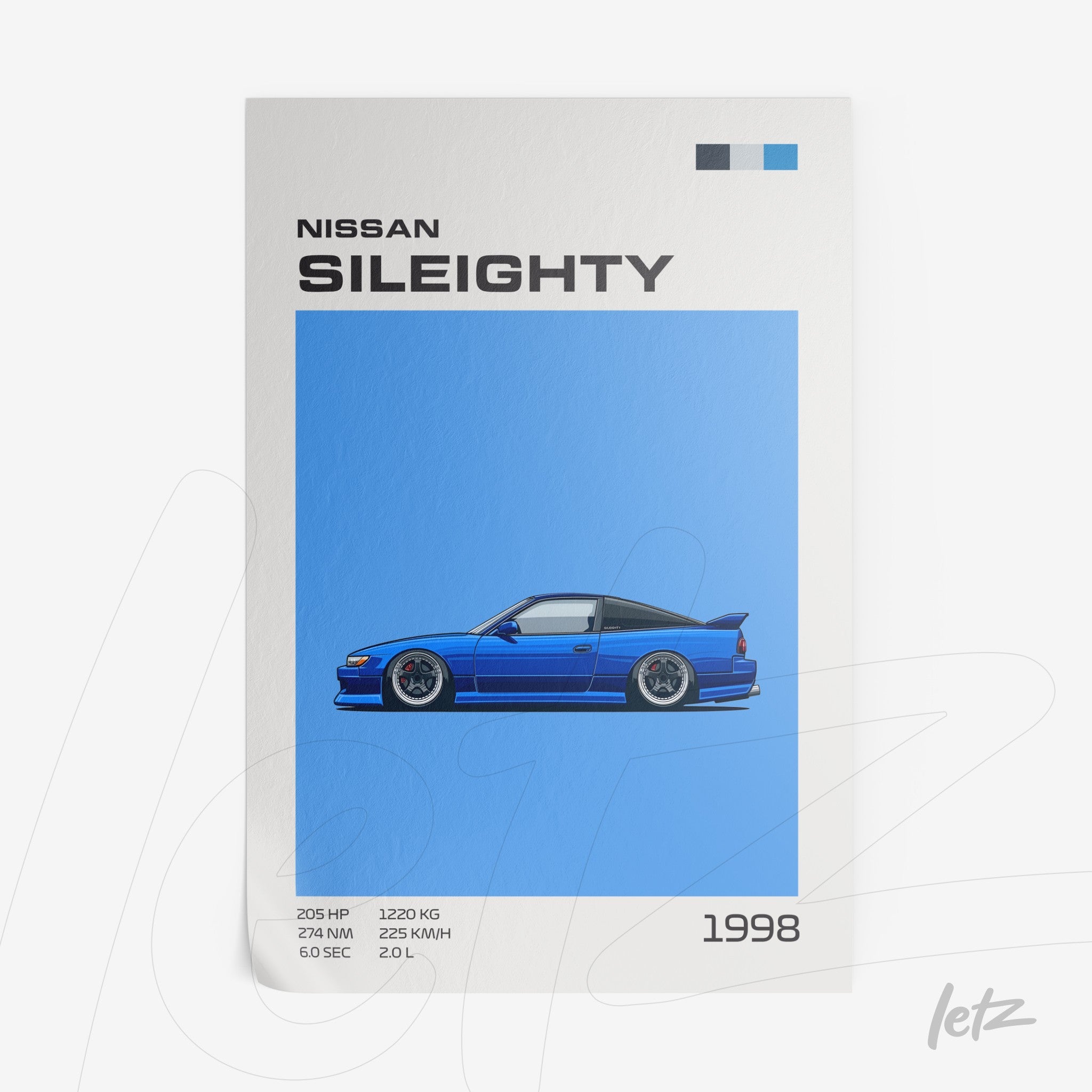 framed art featuring Nissan Sileighty illustration on vibrant blue background