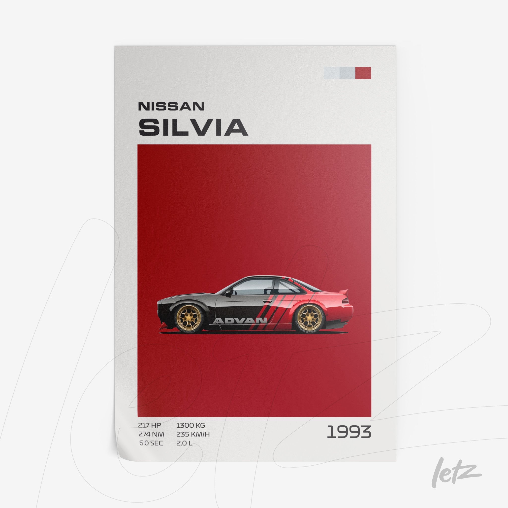 digital art print of 1993 Nissan Silvia car on red background with graphic details