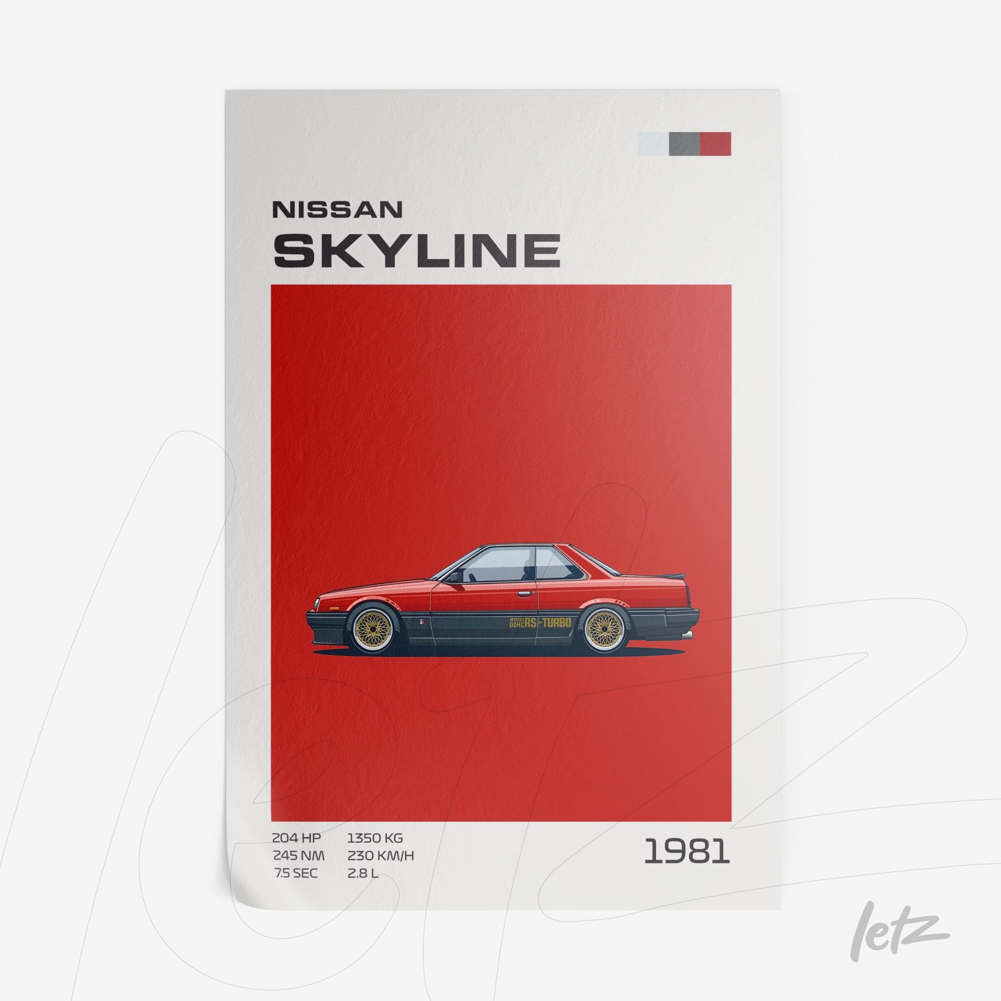 digital artwork of the 1981 Nissan Skyline on a red background, featuring technical details and a minimalist design