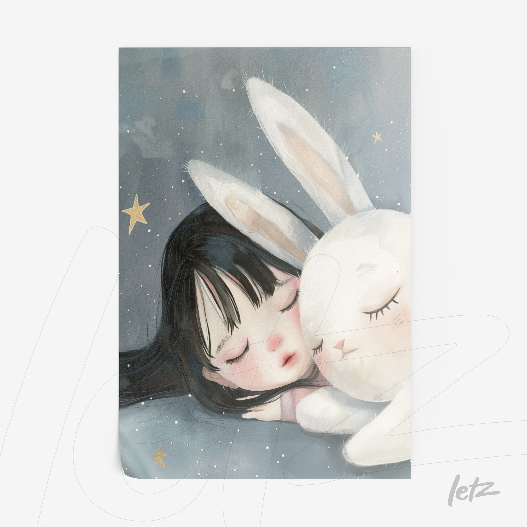 soft illustration of a girl sleeping next to a white rabbit with a starry blue background
