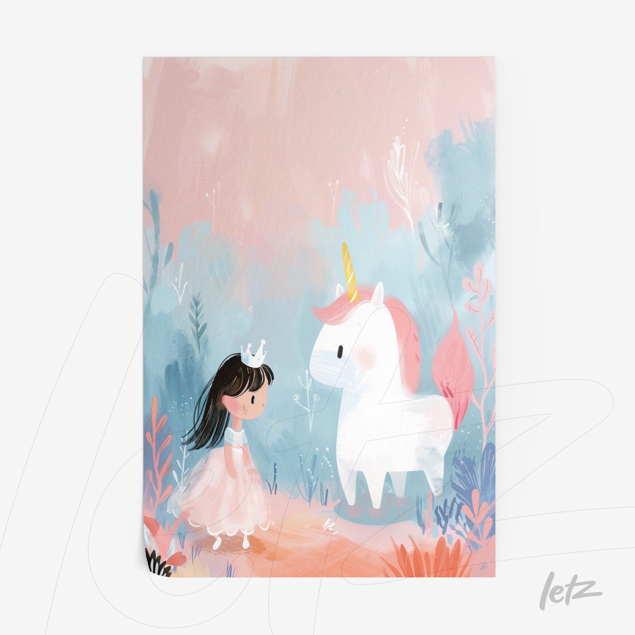 childlike illustration of a girl with a crown interacting with a unicorn against a colorful background