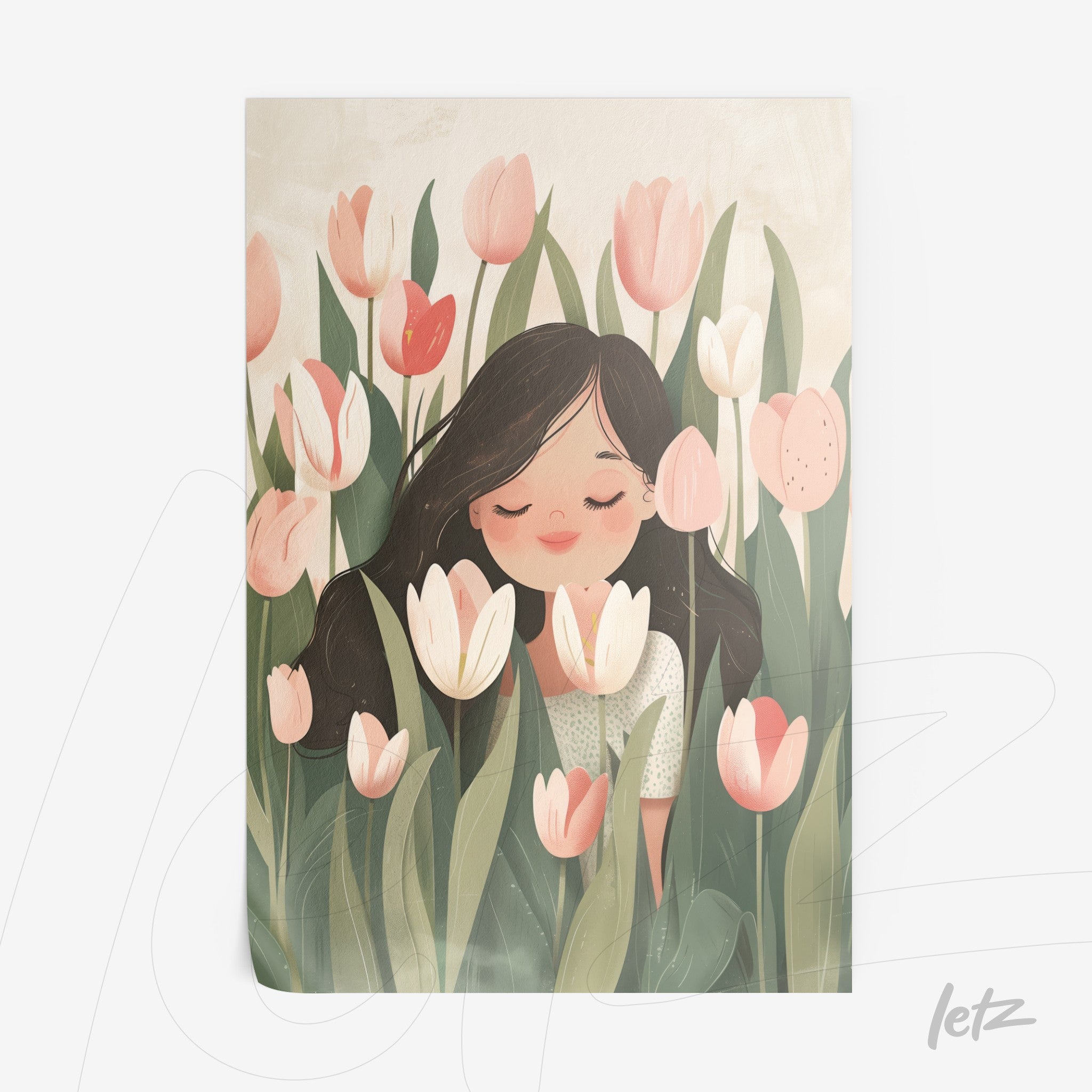 digital artwork of a girl surrounded by soft-colored tulips in pink and white with a light background