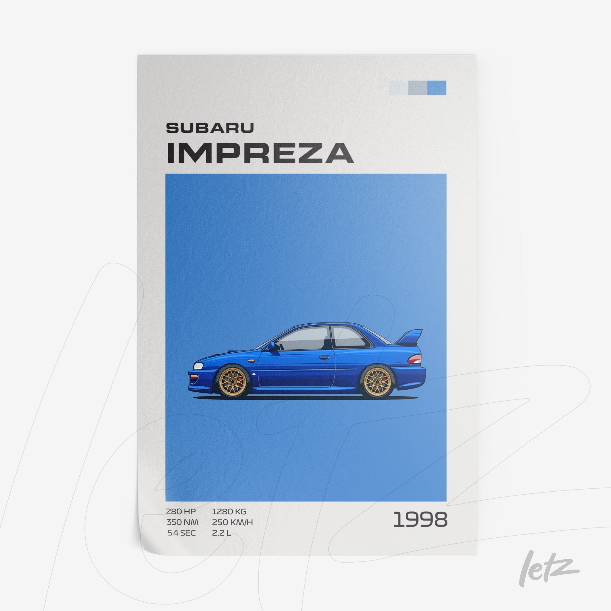 stylized illustration of a 1998 Subaru Impreza on a vibrant blue background with informational text about horsepower and dimensions