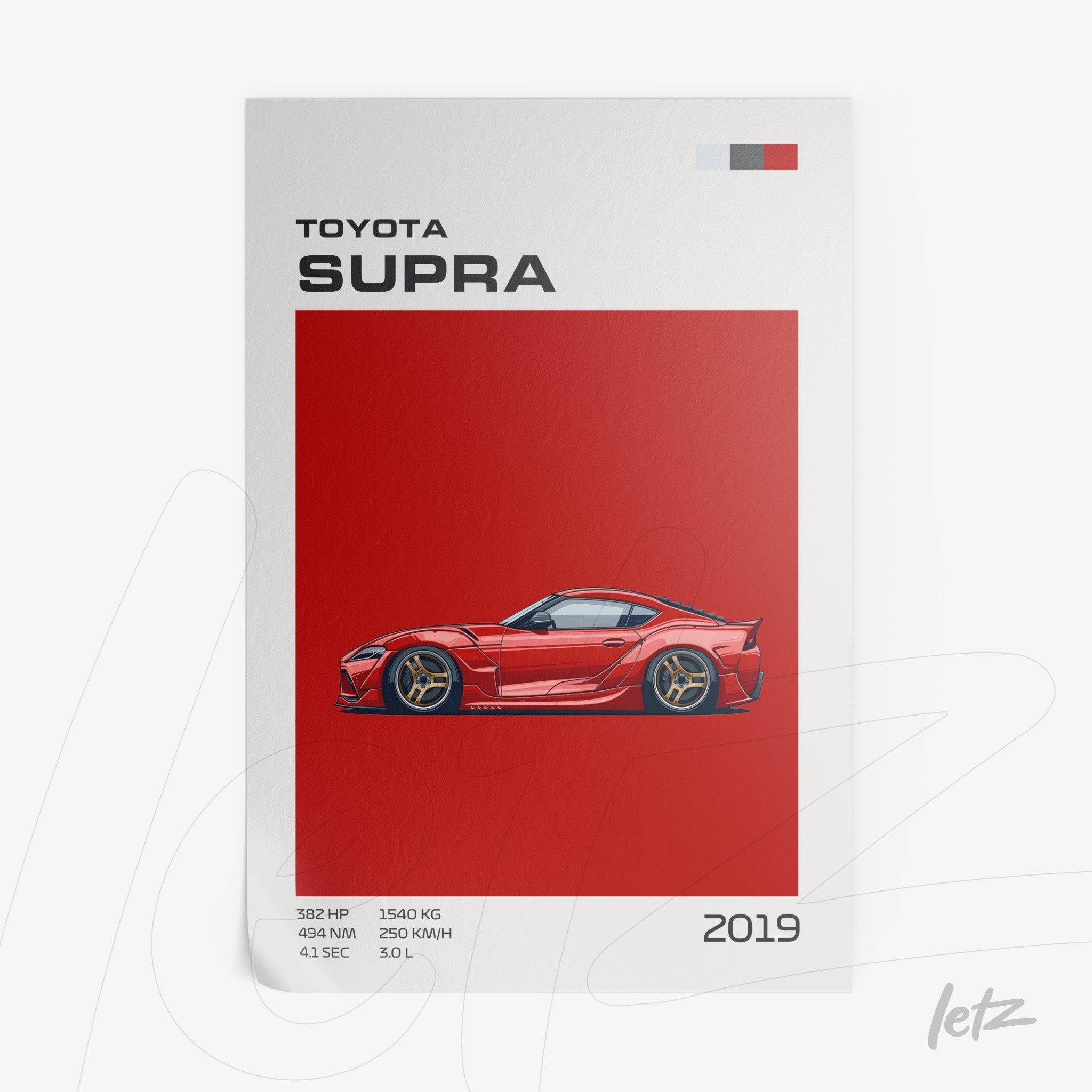 framed art featuring a red Toyota Supra sports car illustration on a vibrant red background